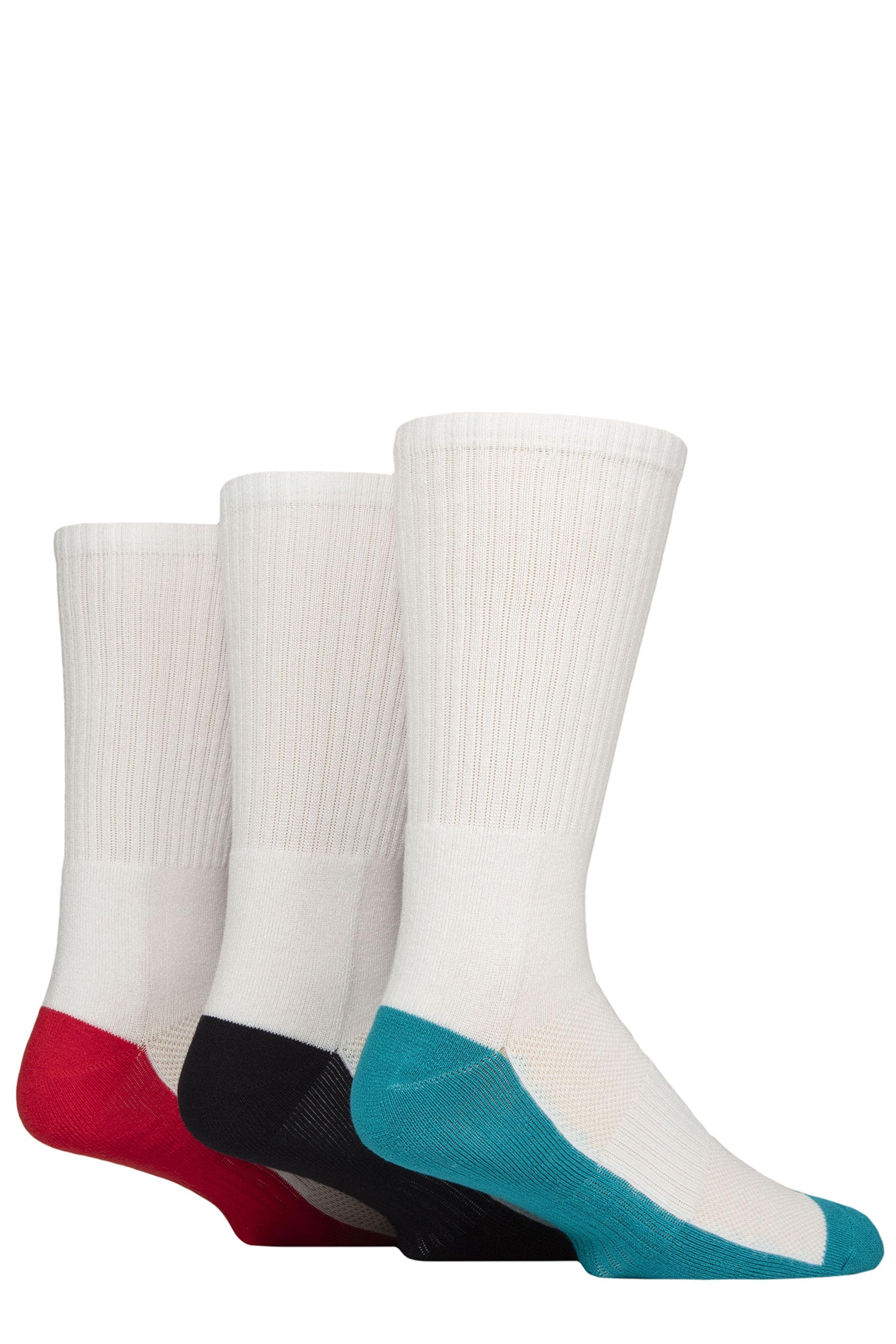 Glenmuir Men's Bamboo Sports Socks - Soft, Breathable Cooling, Half Cushioned, Arch Supports, Ribbed, Sports, Gym, Exercise, Running, Stripes, 3 Pairs Size 7-11 - White Teal/Navy/Red Sole