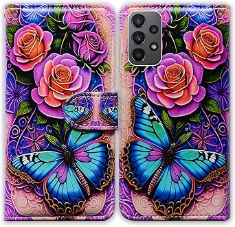 Bcov Case for Galaxy A23 5G,Blue Butterfly Flowers Rose Leather Flip Phone Case Wallet Cover with Card Slot Holder Kickstand for Samsung Galaxy A23