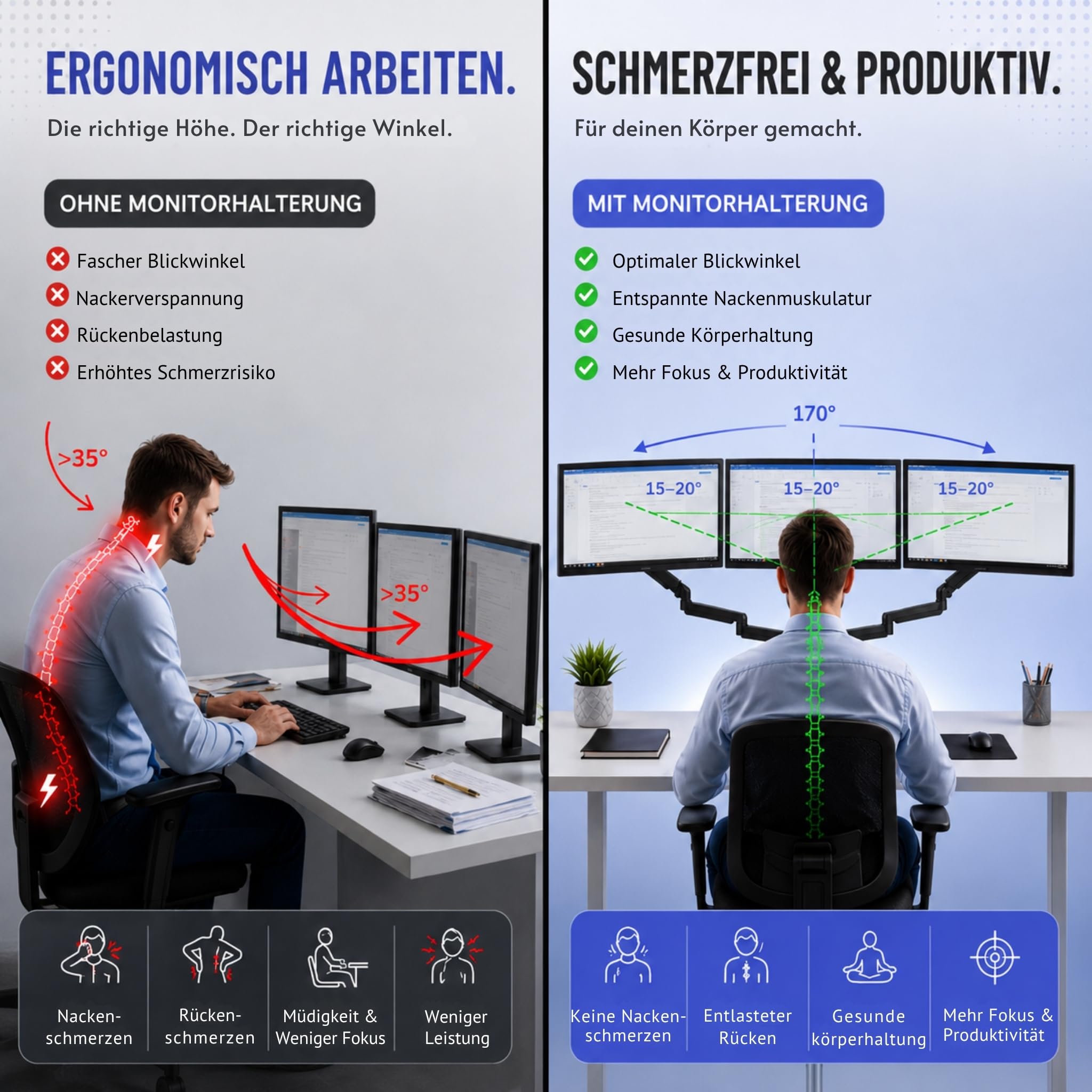 Monitor Halterung 3 Monitore für 14 bis 32 Zoll 360° Beweglichkeit