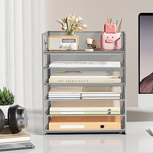 Miniatura 3 de Subekyu Organizador de papel de 6 niveles para escritorio con asa, de malla metálica, carpeta de archivos de oficina, bandeja de papel, organizador