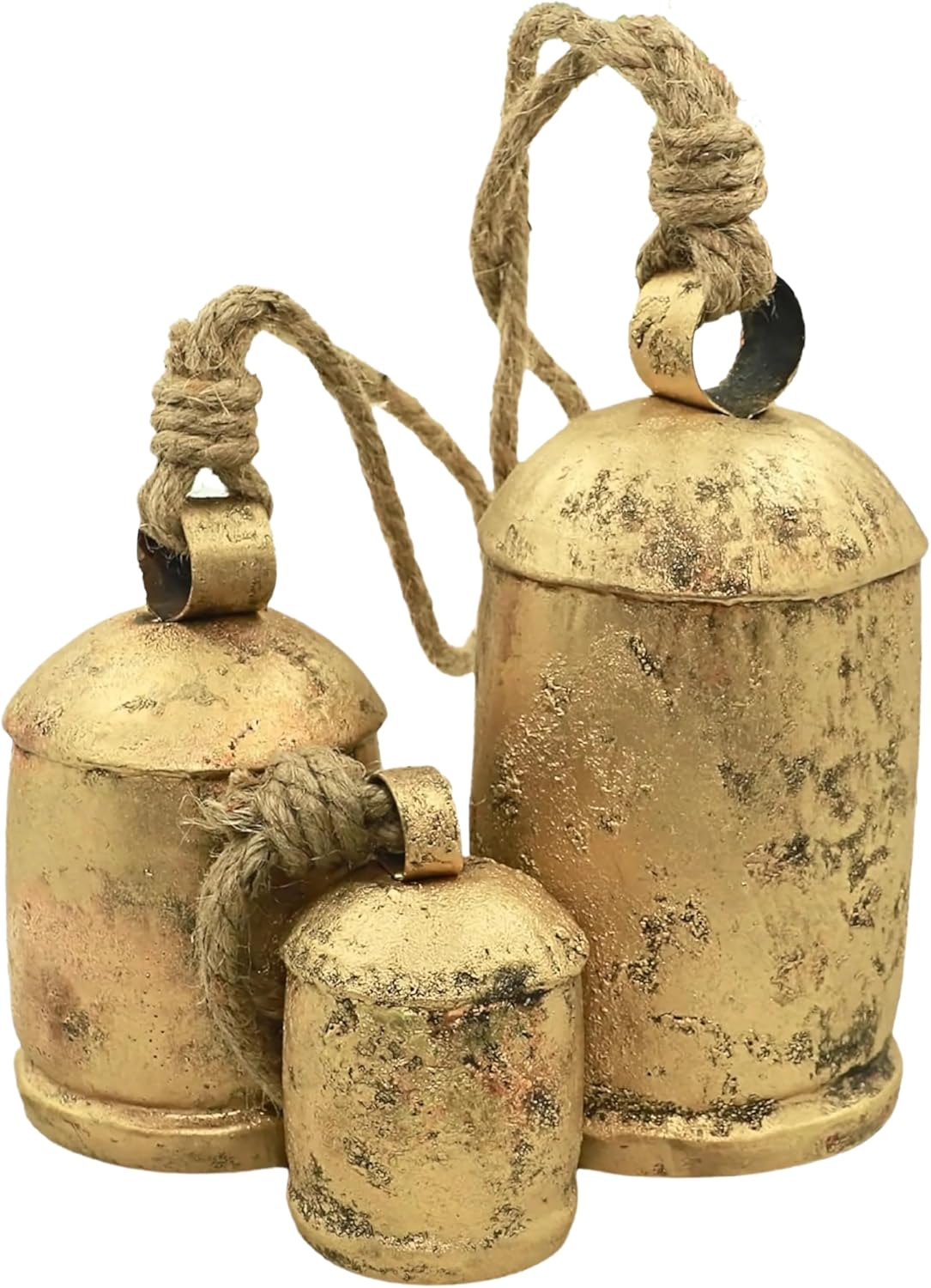 Rustic Gold Cow Bells Set of 3 – Vintage Farmhouse Hanging Bells with Rope – Handcrafted Decorative Tin Jingle Bells for Door, Garden, Porch, Patio, Wedding & Holiday Décor