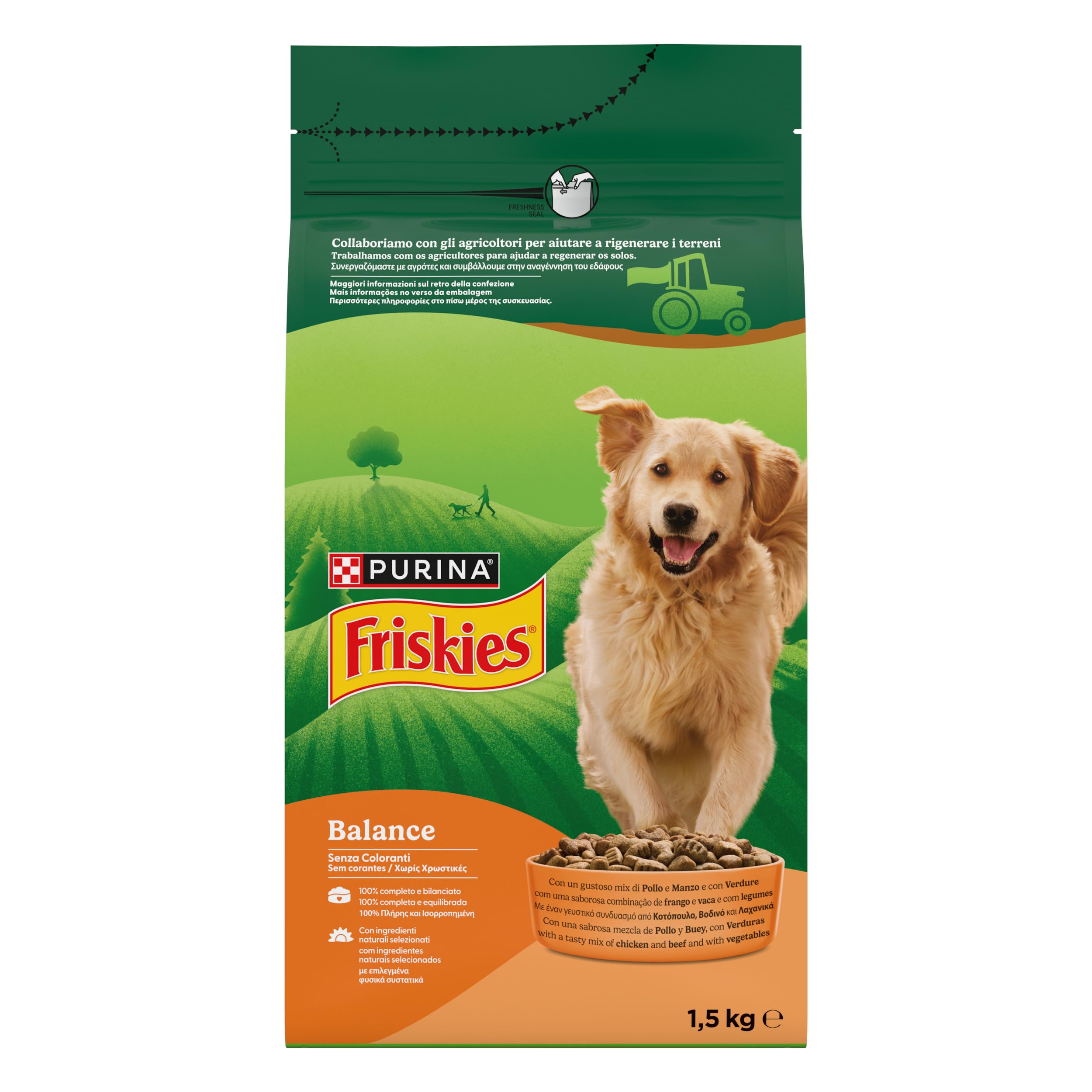 PURINA FRISKIES 5 Promesse Crocchette per Cani Adulti con Pollo e Verdure Aggiunte 6 Sacchi da 1.5kg