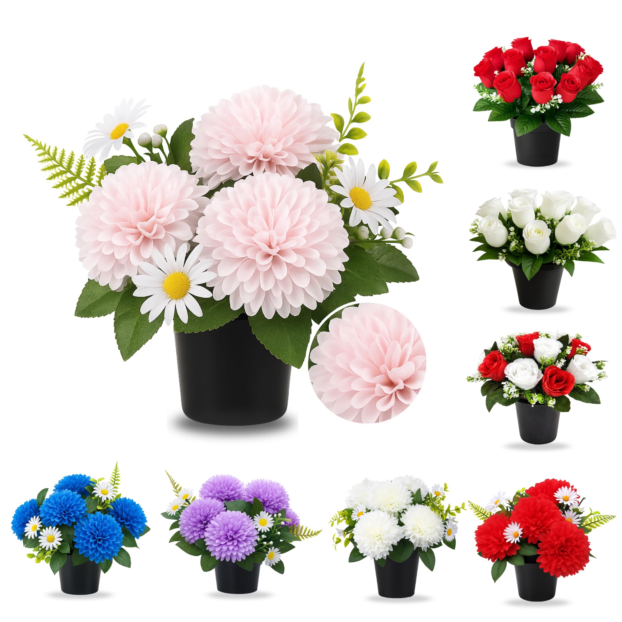 AMERISE 25cm Pink Artificial Grave Flowers in Pot – Realistic Chrysanthemums for Cemetery, Funeral & Memorial Decorations | Weather Resistant Outdoor Plastic Flower Pot for Graves UK — image 1