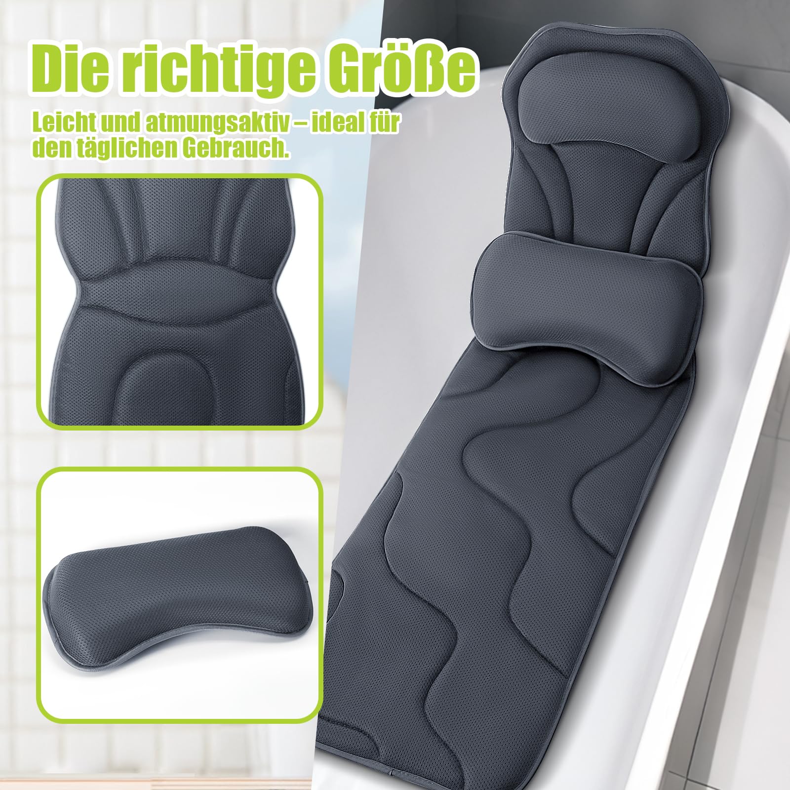 Poemland Vollkörper Badekissens für Badewanne - Luxuriöses Badewannenkissen für Rücken, Kopf und Nacken, Schnell-Trocknendes Badkissen