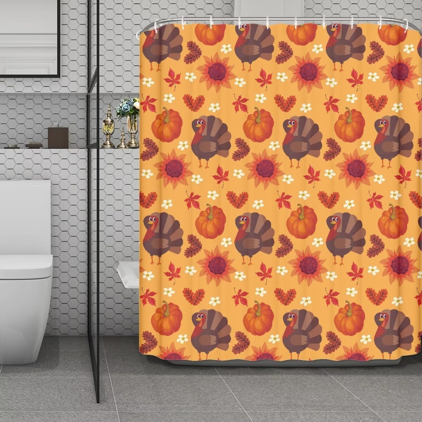 Eheartsgir Fall Red Maple Leaf Turkey Waterproof Cloth Shower Curtain Washable Soft & Smooth Premium Fabric Bath Shower Curtain Liner for Restroom Bathroom Shower Stalls Thanksgiving Decor