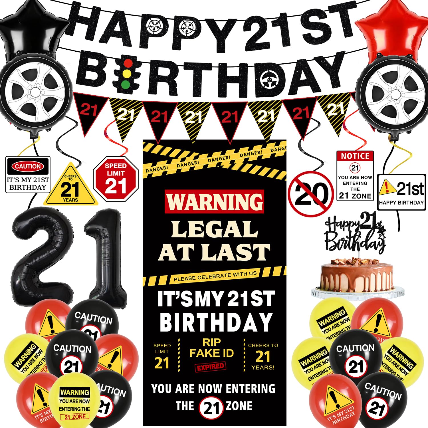 21st Birthday Decorations for Him Her,Black Caution Happy 21st Birthday Themed Party Supplies, Complete Set with Backdrop, Banner, Balloons, Perfect for 21 Year Old Men Bday Decorations
