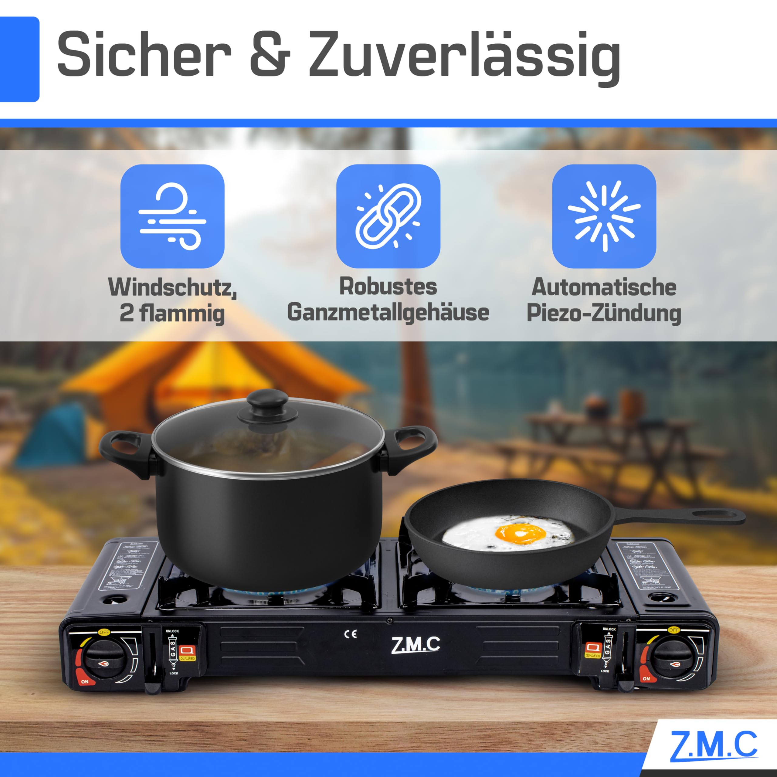 Z.M.C ZMC - Fornello a gas da campeggio, a 2 luci, con adattatore per connettore LPG + piastra 45 x 24 cm + 8 cartucce di gas da 227 g, fornello da campeggio con accensione piezoelettrica