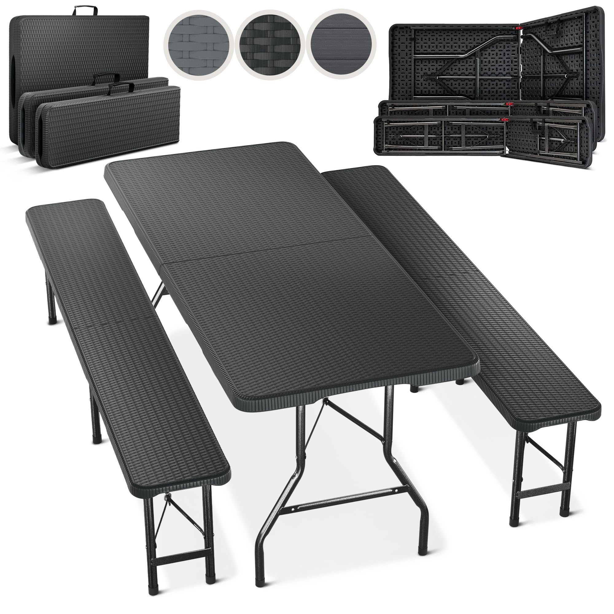 Blumtal Banco Plegable Portatil Set -1xMesa plegable con sillas dentro 2x -Conjunto terraza para 8 Personas - Robusto juego Mesa jardin exterior con Sillas - Bancos y mesa plegable terraza-ratan negro