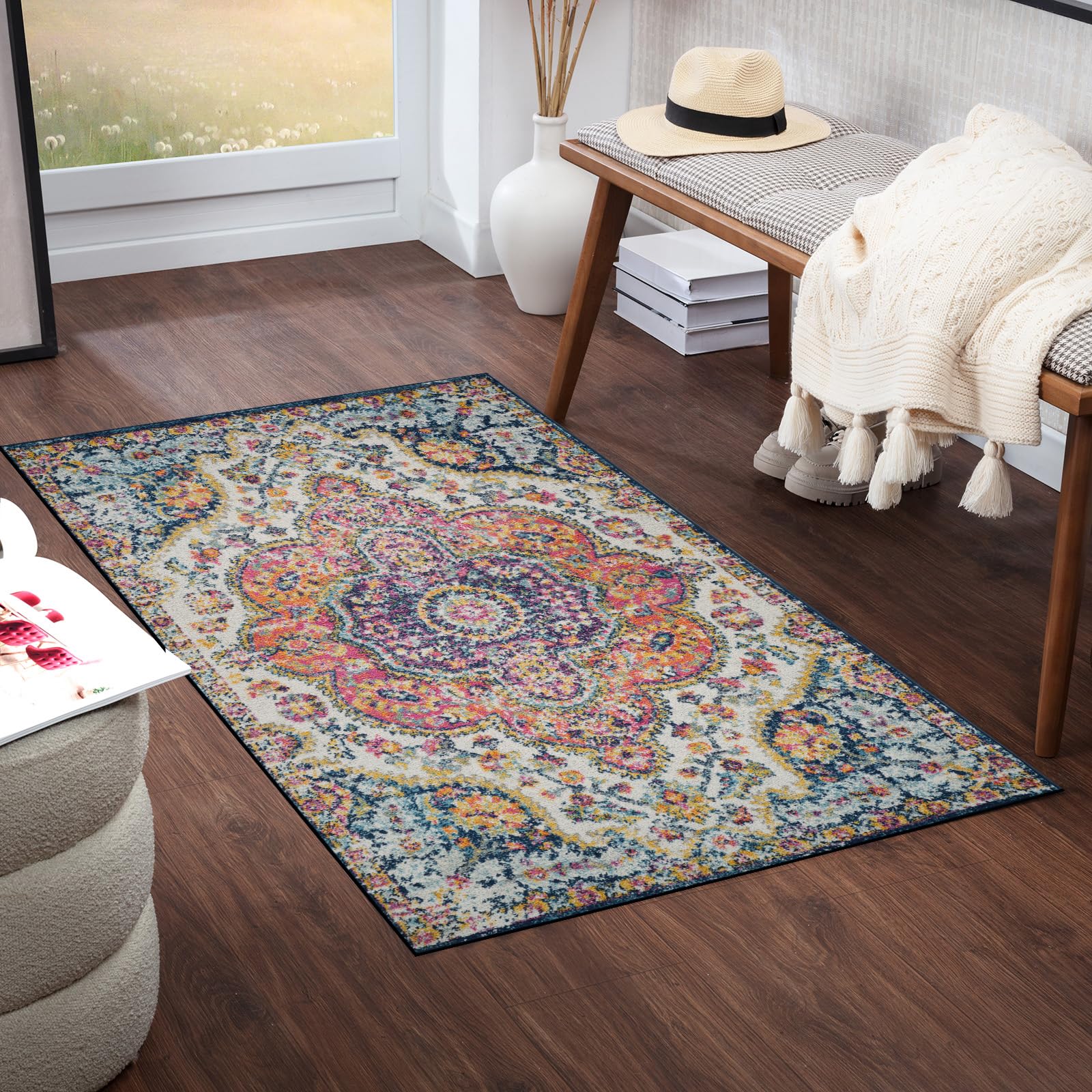 Livabliss Julia Rabat Vintage Rug - Runner Rugs Living Room 80x150 cm, Hallway, Kitchen Area - Traditional Multicoloured Boho Rug, Easy Care - Bohemian Large Rug, Fuchsia, Orange and Blue Rug