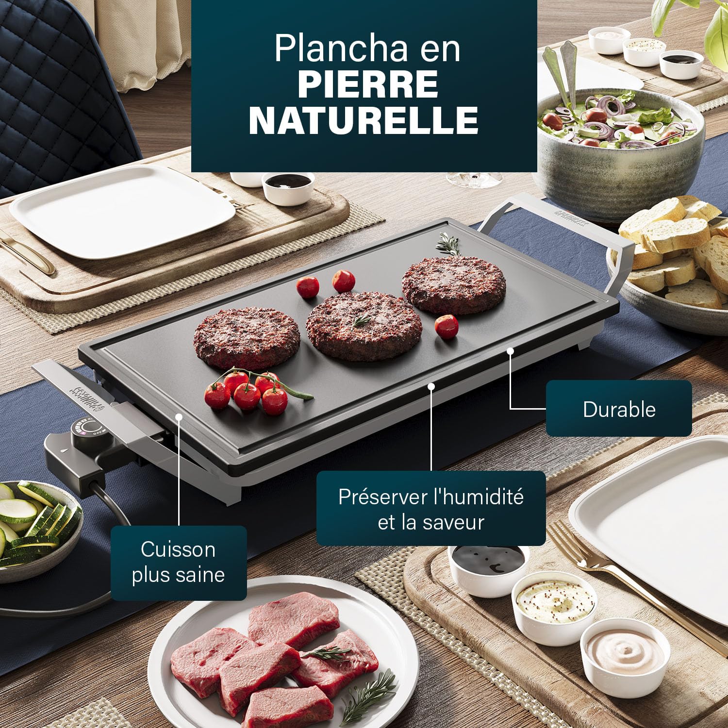 Princess Table Chef Premium Gril en pierre – Grande surface de cuisson de 46 x 26 cm – Plaque de grill en céramique – Sans PFAS – Thermostat réglable – Incl. 4 spatules en bois – 103150