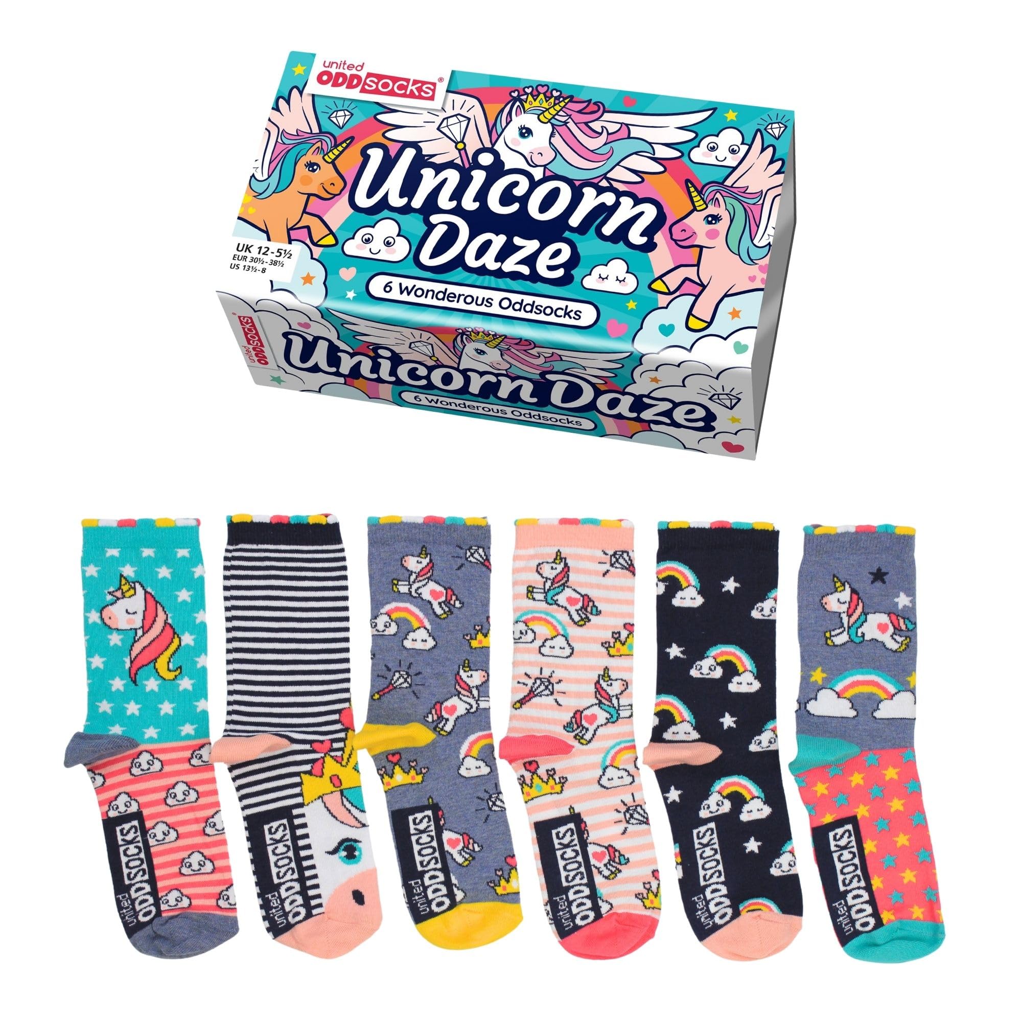 United Oddsocks Unicorn Daze - Box 6 For Girls - Multicoloured - UK 12-5.5, EUR 30.5-38.5, US 13.5-8