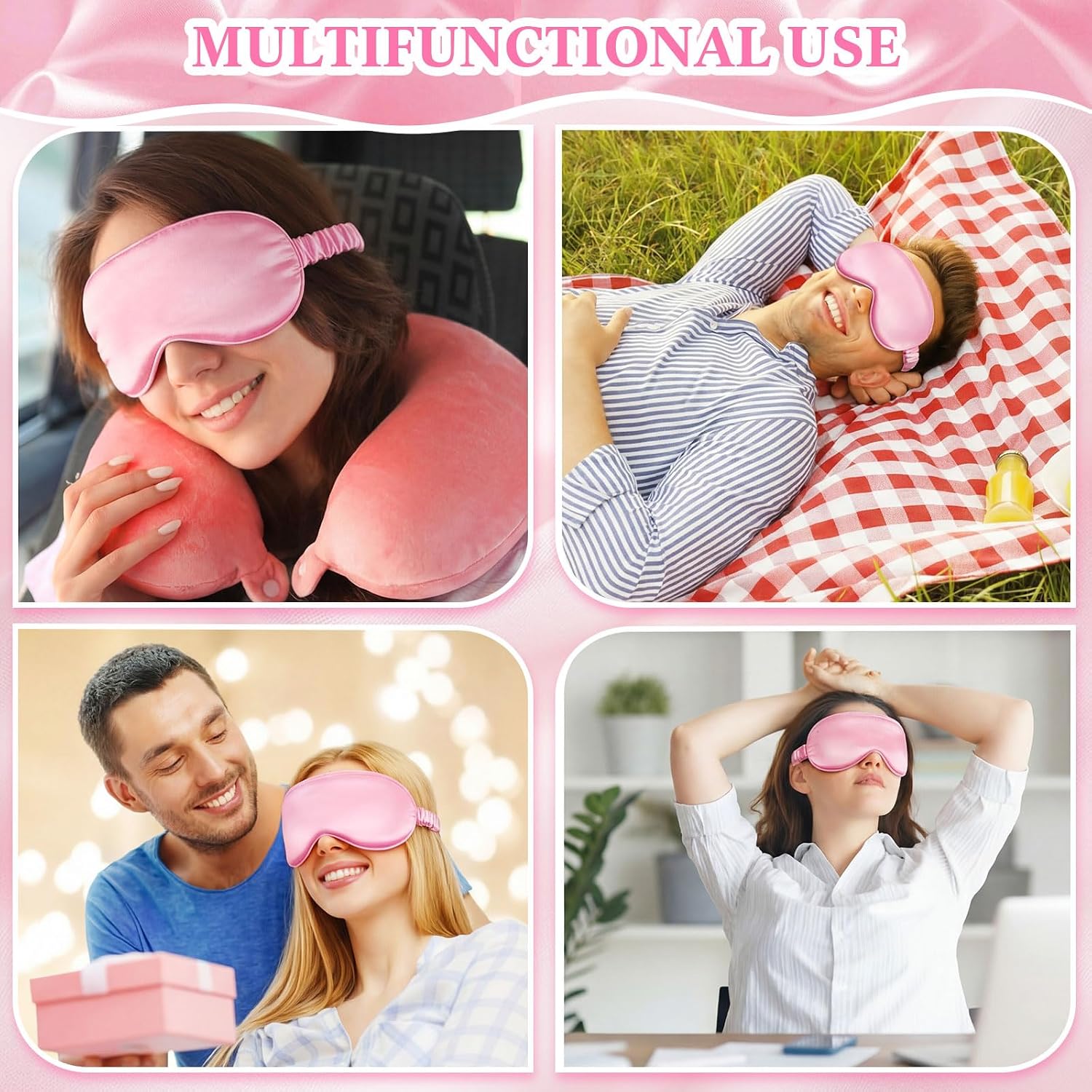 Cutecrop 12 Pcs Silk Sleep Masks Soft Satin Eye Masks with Adjustable Elastic Strap for Sleeping Comfortable Blindfold Eyeshade for Women Men Nap Night Travel Gifts (Pink)