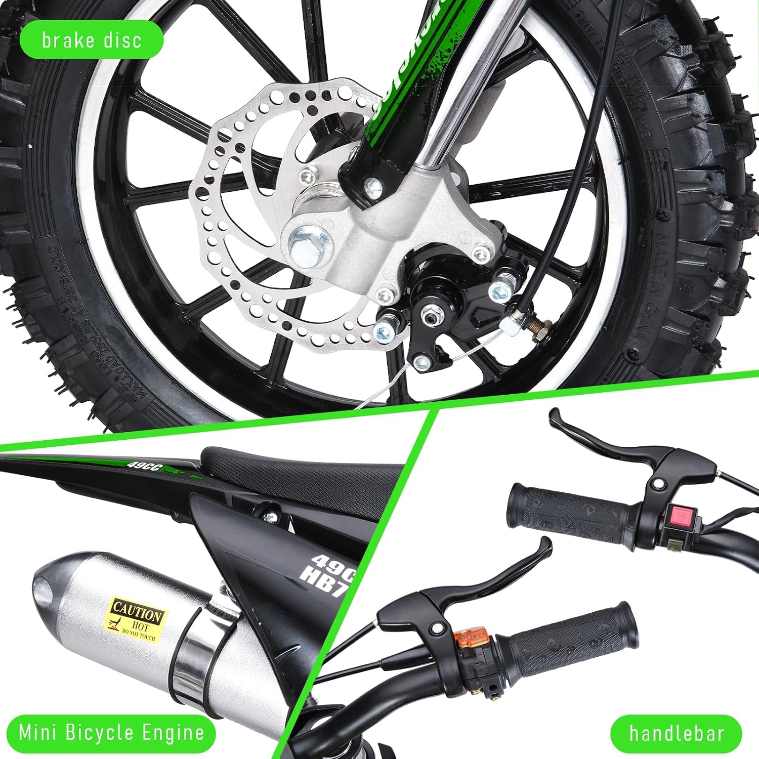 HEVIRGO Mini Kids Dirt Bike – 49cc 2-Stroke Gas Powered Motorcycle with Off-Road Tires & Inverted Hydraulic Shock Absorbers, Pocket Motorbike, Up to 25 MPH, 330 lbs Load, 12-18 Mile Range Green