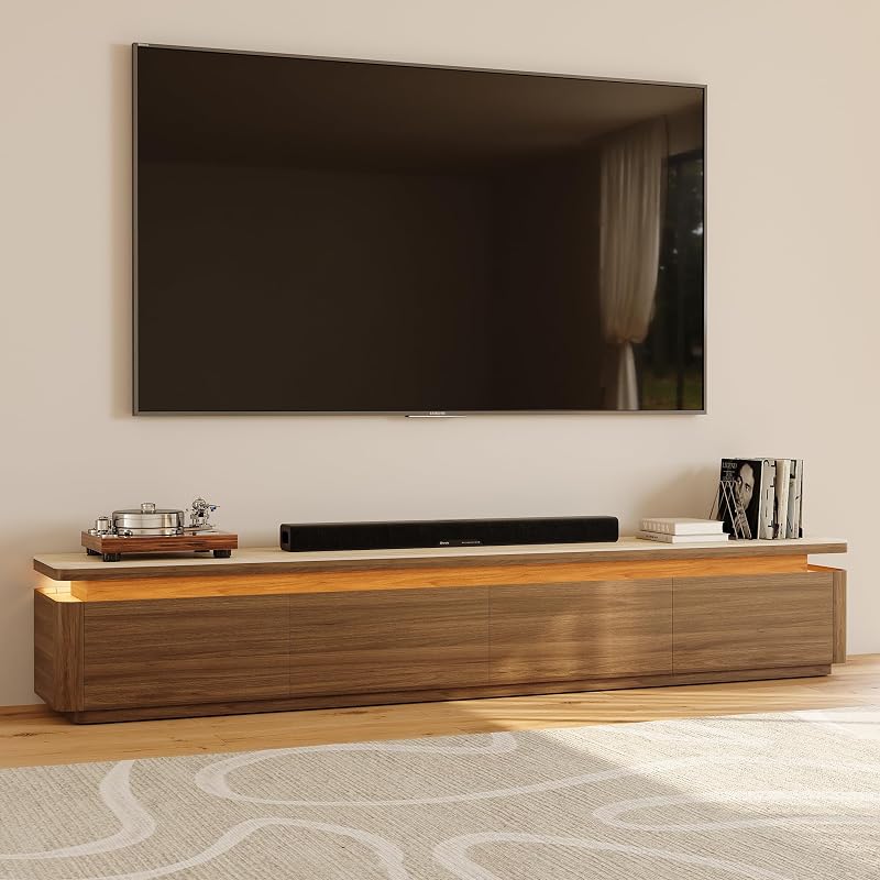 POVISON 95" Fully Assembled TV Stand with Adjustable LED Lights, Walnut