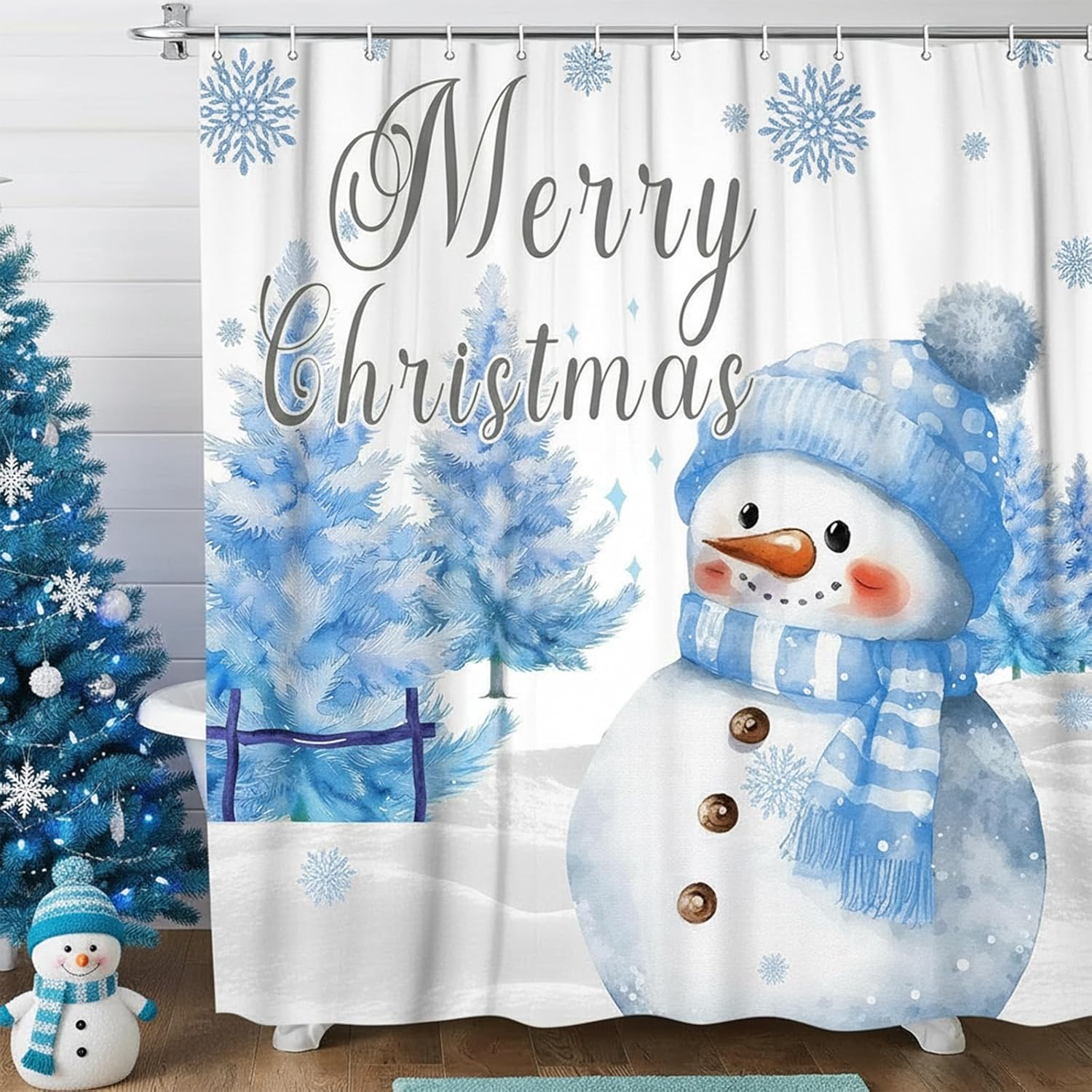 DYNH Cute Snowman Christmas Tree Nature Forest Bathroom Shower Curtain Set, Pink Fabric Shower Curtain with Hooks, 72X78