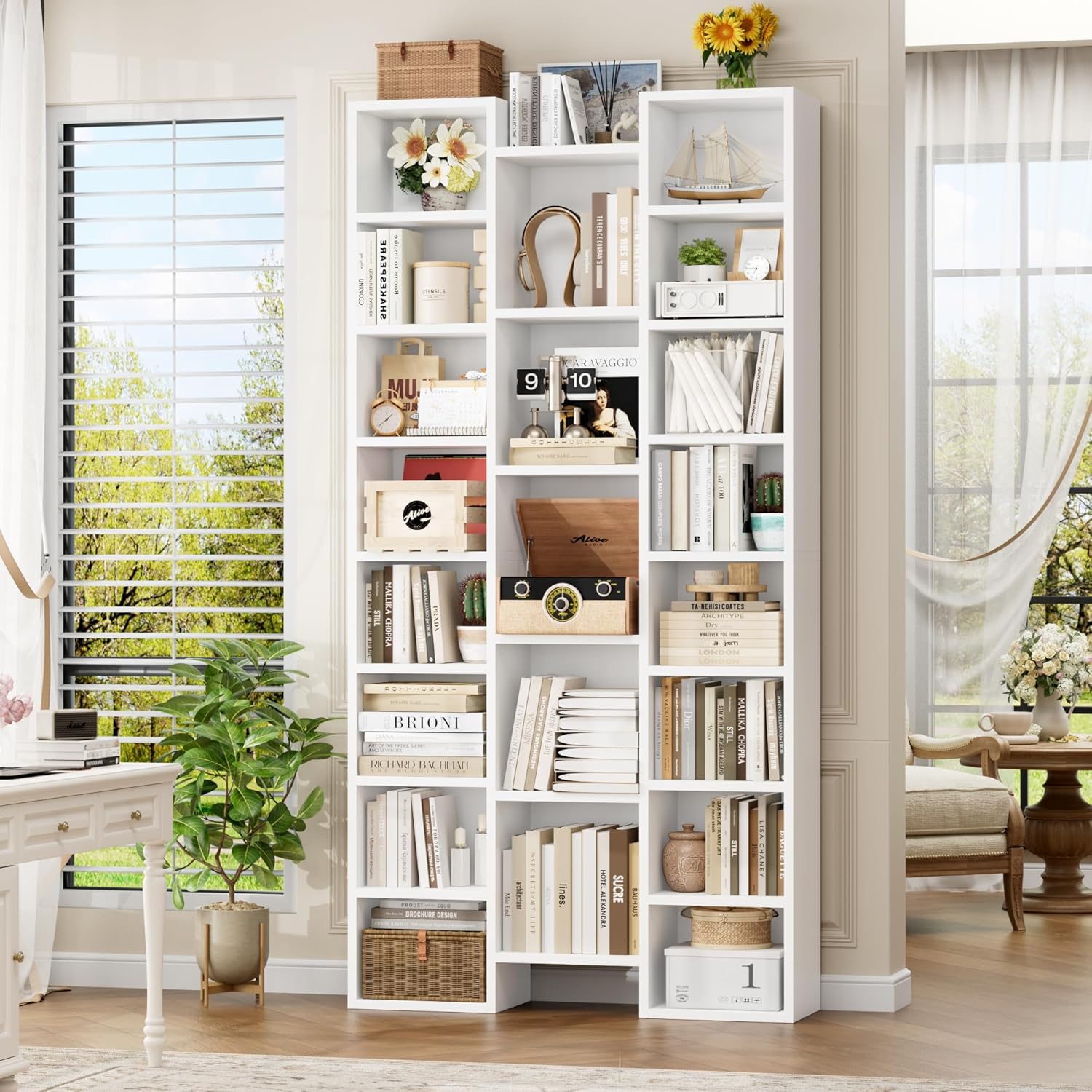 FOTOSOK 71'' White Bookshelf with 21 Cubes, 8 Tier Triple Wide Tall Bookshelf with 8 Adjustable Shelves, 35" Large Bookcase DVD/CD Media Tower Storage, Freestanding Display Shelf Cabinet, White