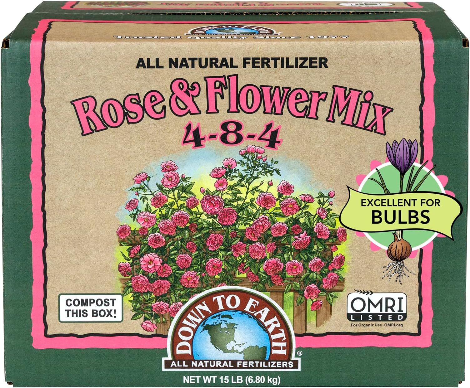 Organic Rose & Flower Mix - Plant Food for Roses, Bulbs, Flowers and Ornamentals 4-8-4, 15 lb