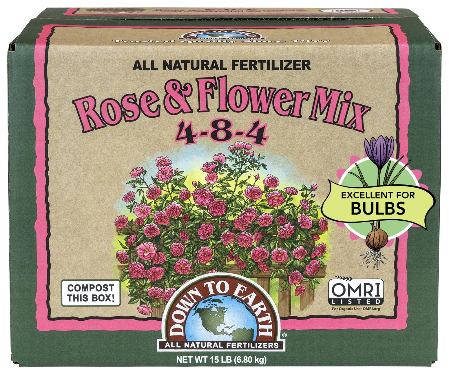 Organic Rose & Flower Mix - Plant Food for Roses, Bulbs, Flowers and Ornamentals 4-8-4, 15 lb
