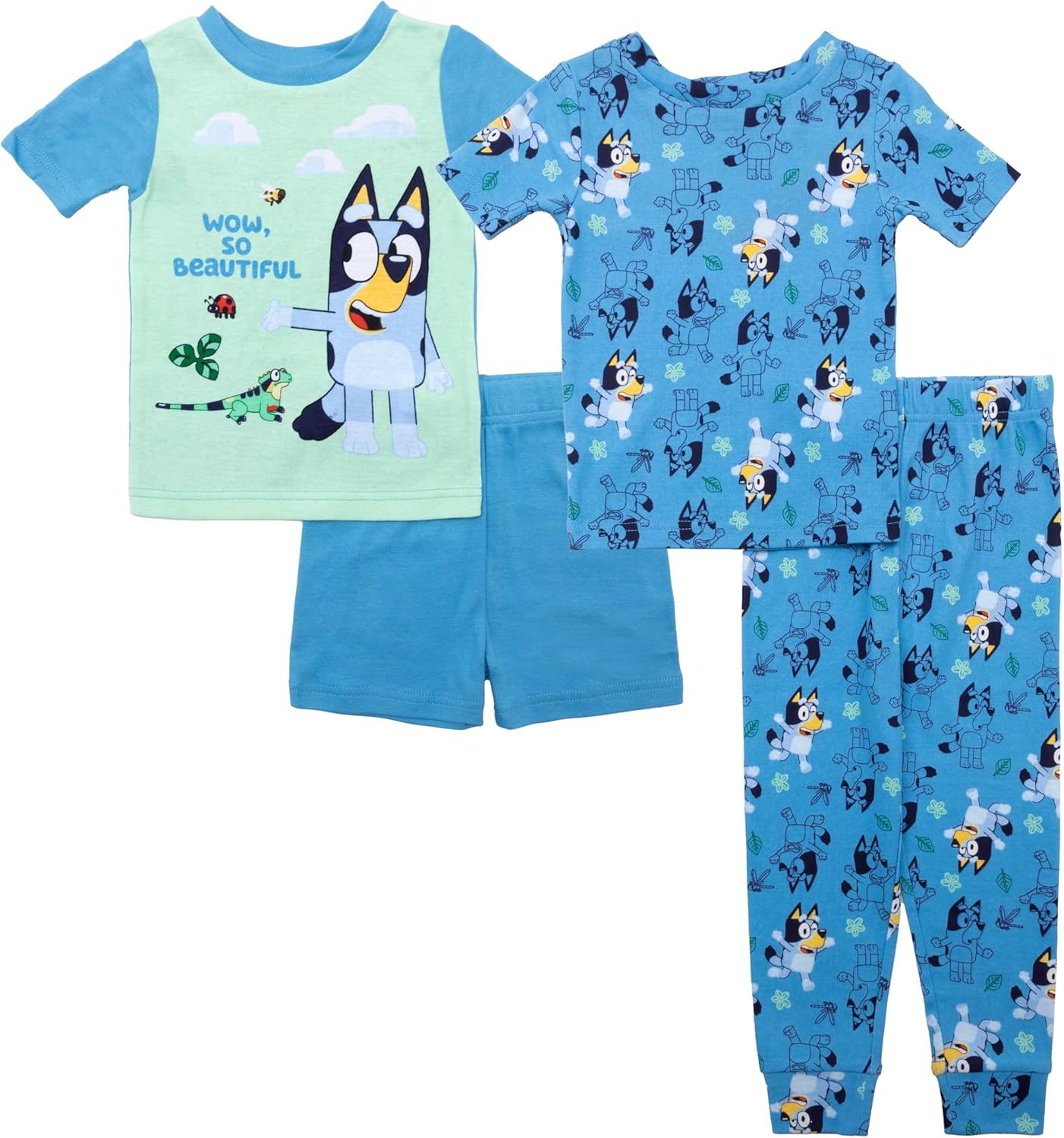 Bluey Unisex Kids' 4-Piece Snug-fit Cotton Short-Sleeve Matching Pajama Set, Soft & Cute for Kids