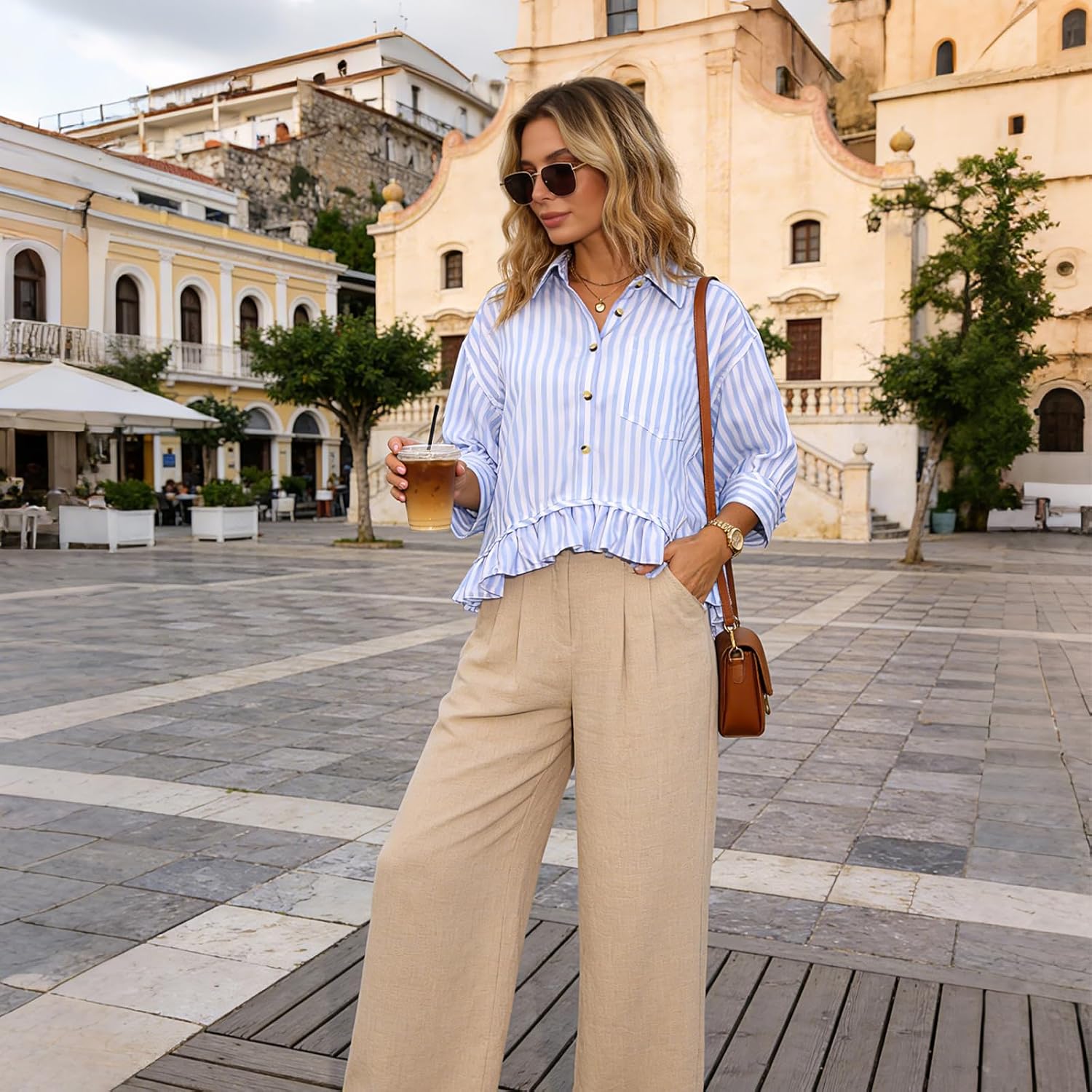 Women's 3/4 Sleeve Striped Shirt, Cropped Ruffle Hem Loose Blouse Summer Cute Casual Button Down Top