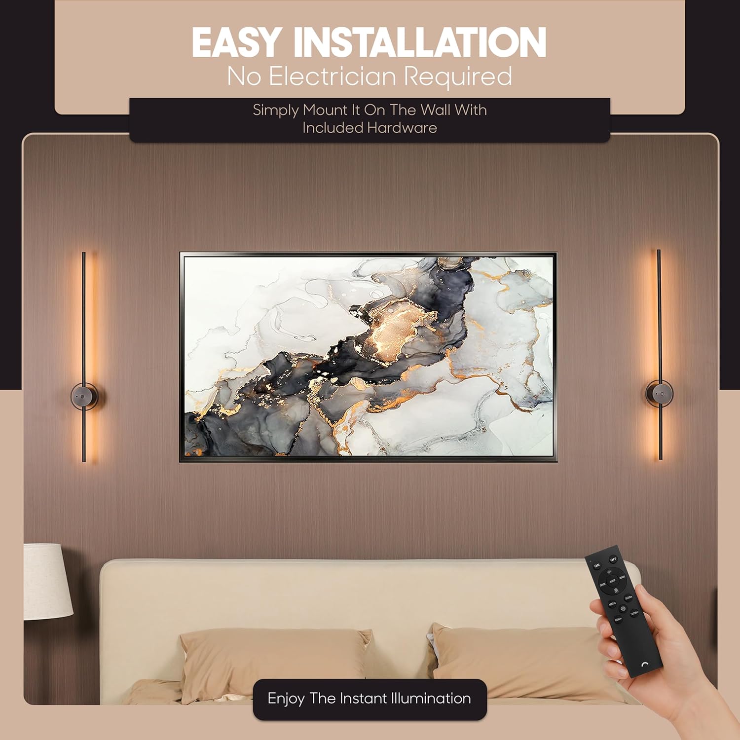 Battery Operated Wall Sconces - Set of Two, 31" in Matte Black - 6000 mAh Rechargeable Wall Sconce, 3 Color Temperatures, 350° Rotating, & Dimmable - Wireless LED Lights with Remote Control & Timer