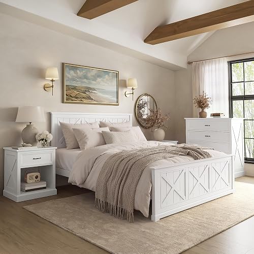 LUMISOL 4 Piece Queen Size Bedroom Set with Storage, Solid Wood Queen Size Platform Bed Frame with 2 Nightstands and Dresser, Traditional Bedroom Furniture Set, White