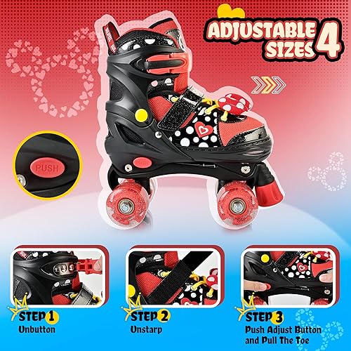 Miniatura 3 de SULIFEEL Patines de ruedas para niñas con lunares y lazo, ruedas iluminadas, 4 tamaños ajustables para niños pequeños, patines principiantes