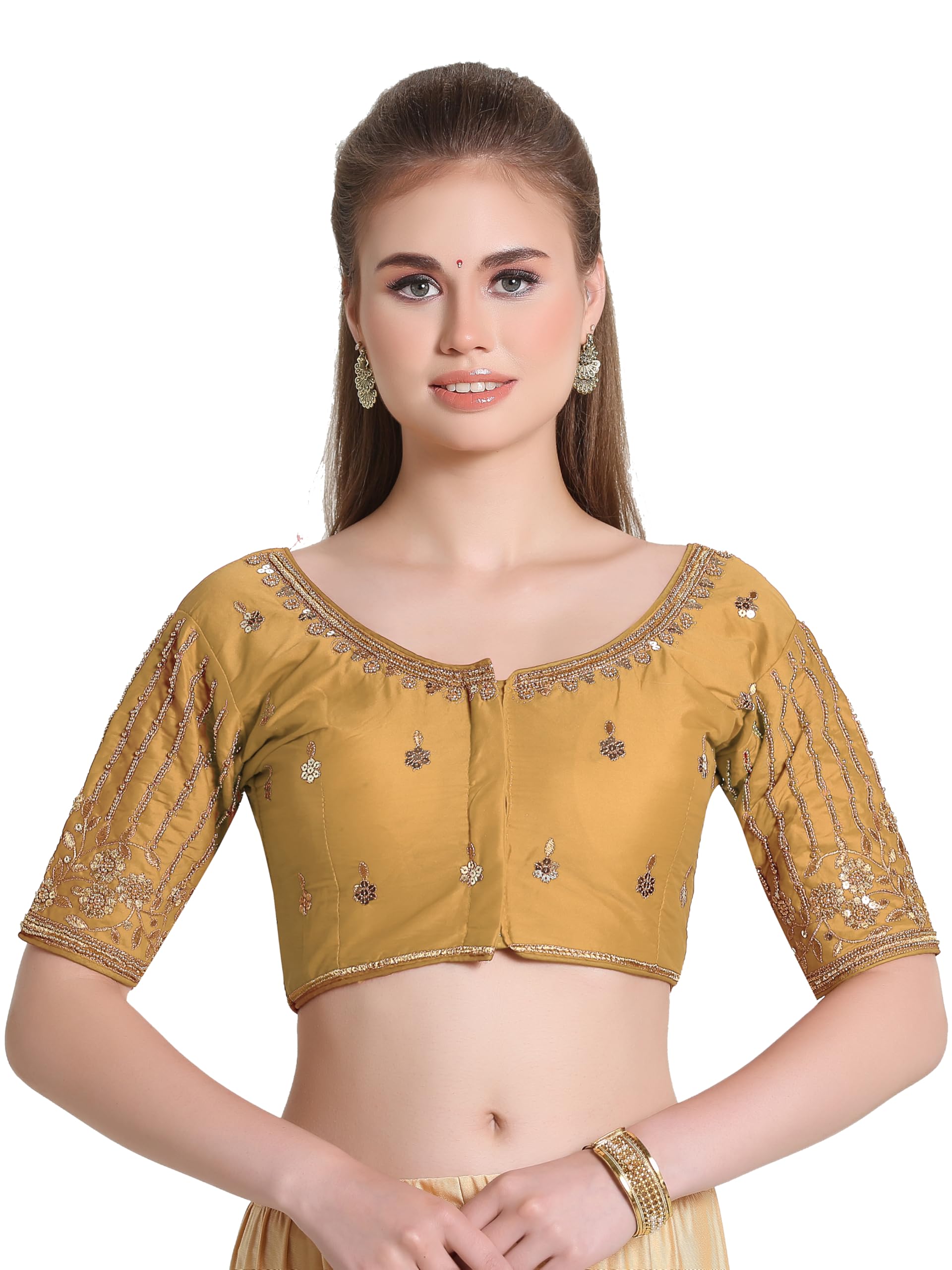 Pujia Mills Women's Readymade Bridal Embroidery Blouse Multi Coding Maggam Work Moti Work Indian Ethnic Designer Stitched Readymade Saree Half Sleeve Gold Blouse For Women For Saree Lehenga Choli