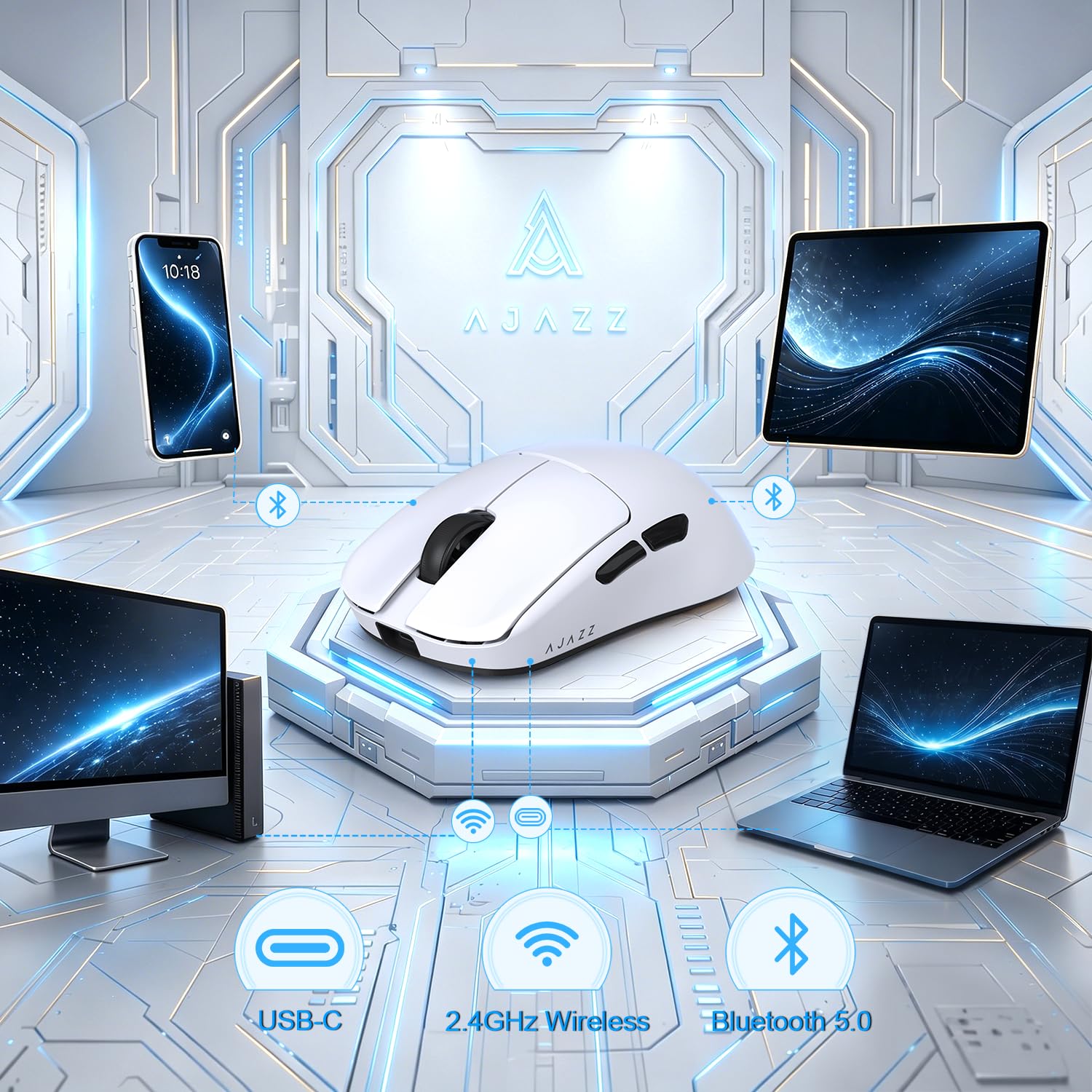 A.JAZZ AJ159 V2 Ratón Gaming Inalámbrico Ultraligero Con Batería Intercambiable En Caliente, Dos Baterías 300mAh Y Base De Carga, 54g, Sensor PAW3395, 32000 DPI Compatible PC Y Mac (Blanco)
