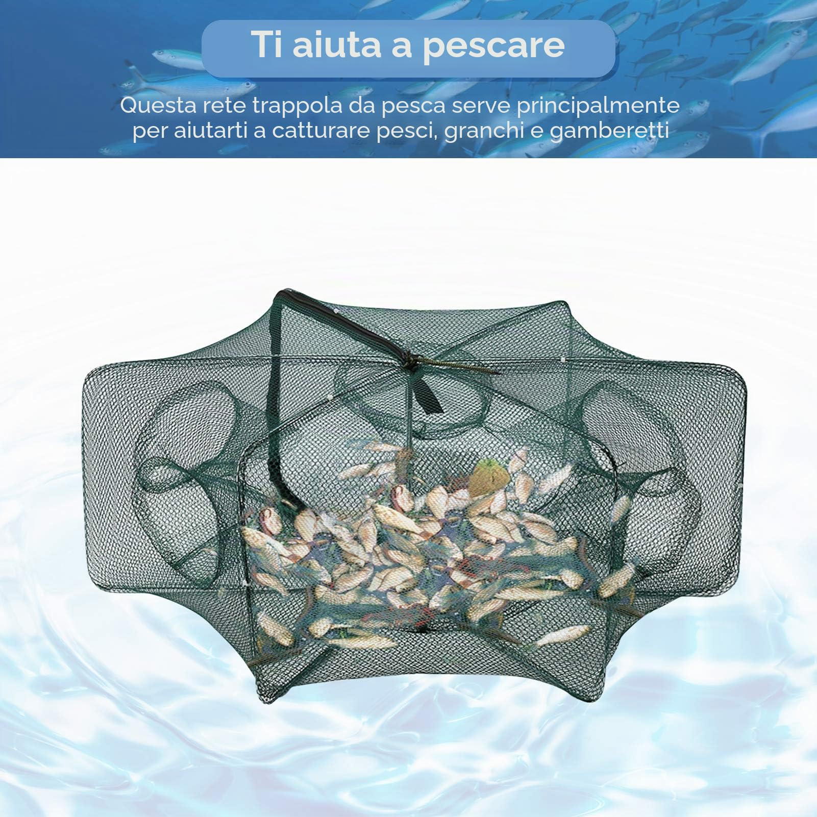 Yosoo Rete Trappola da Pesca Portatile, Trappola a Rete da Pesca in Nylon Pieghevole con 6 Fori per catturare anguille odorose Granchio Aragosta Pesce Gamberetti e aragoste