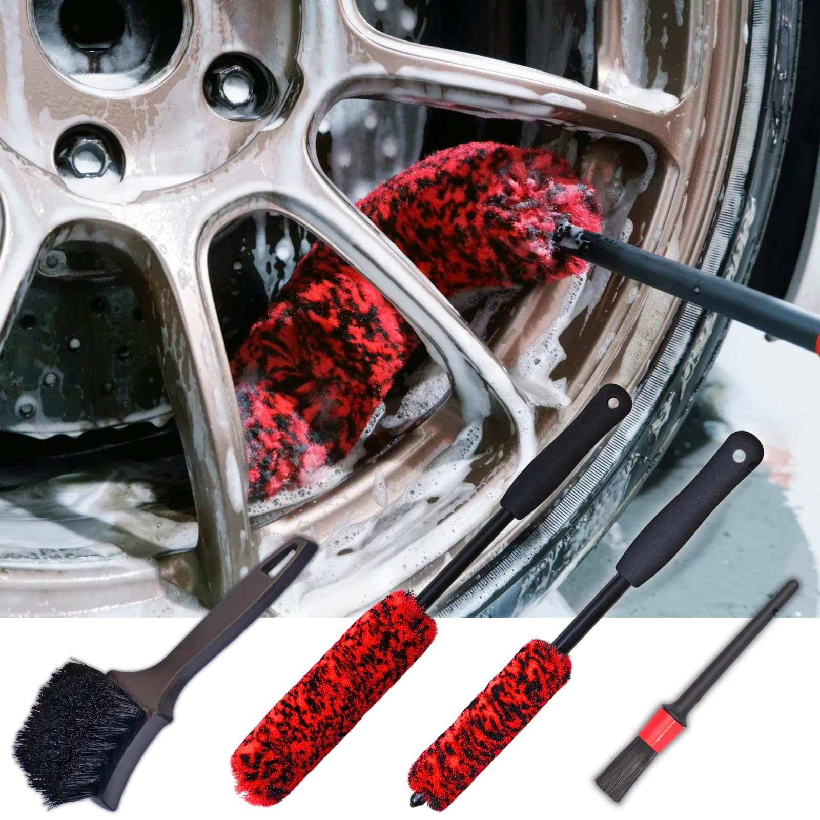 Wheel Brushes for Cleaning Wheels (4 Pro Pack)- 2X Soft Wheel Cleaning Woolies Brush, Detailing Brush and Stiff Tire Brush, Scratch Free Durable Car Wheel Rim Brush Kit for Car Rim and Tire Detailing