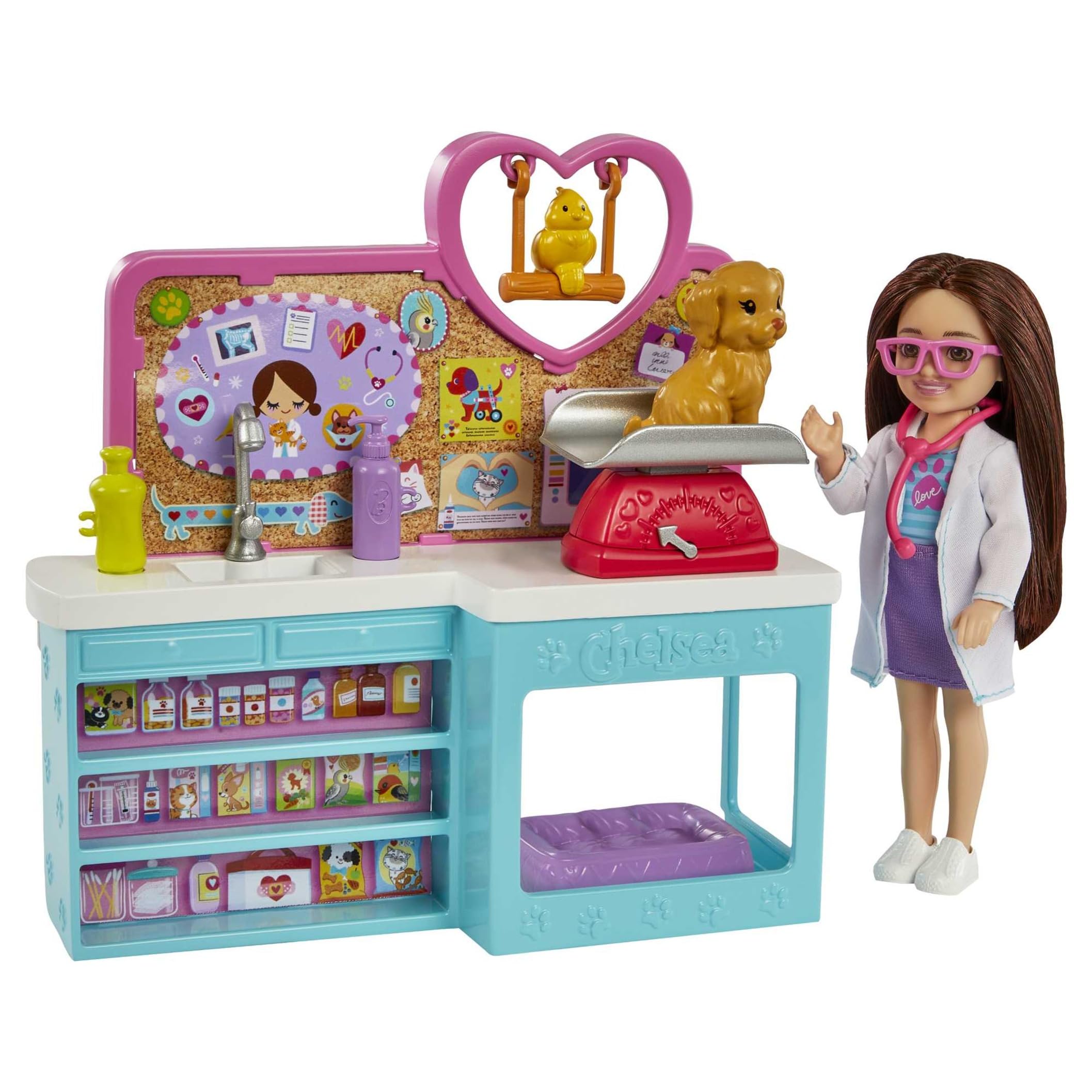 Barbie Chelsea Veterinaria Muñeca niña Morena con clínica para Mascotas y 23 Accesorios, Set de Regalo de Juguete +3 años (Mattel HGT12)