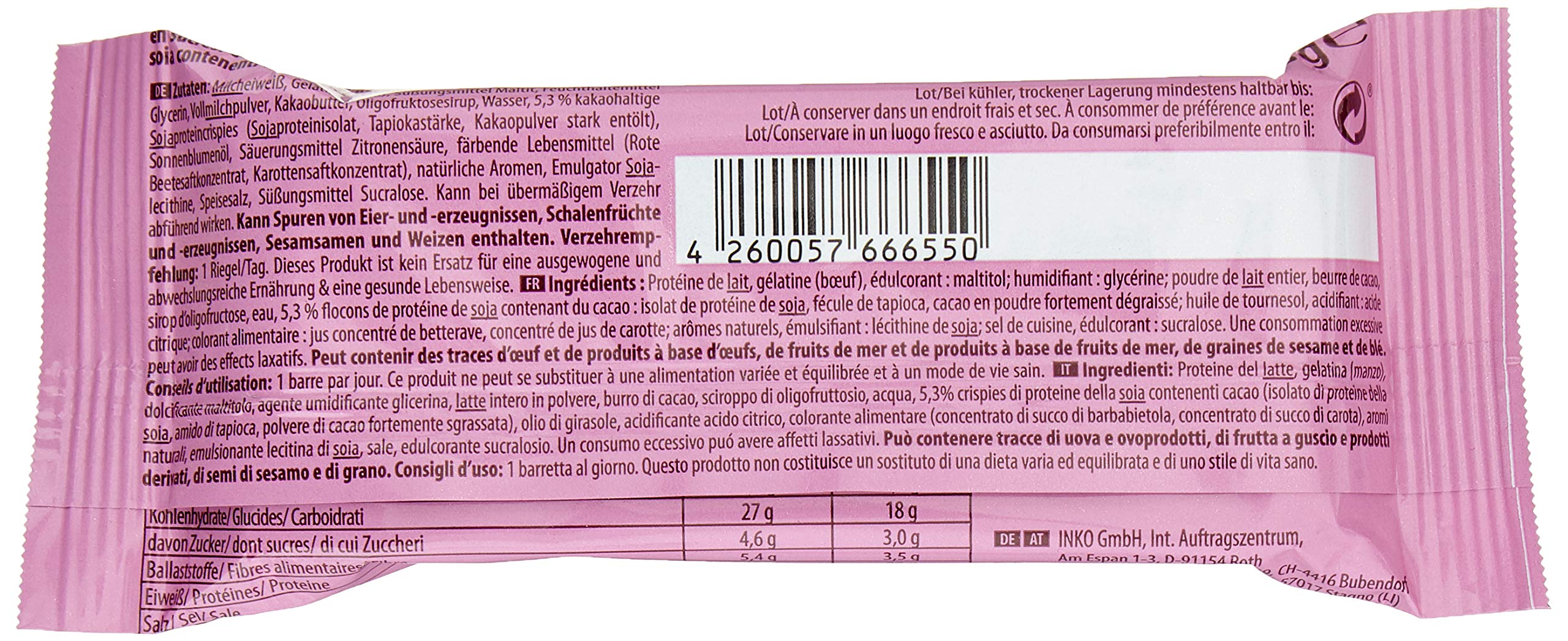 inkospor - X-TREME Low Sugar Riegel, Raspberry Crunch, Display 24 x 65 g