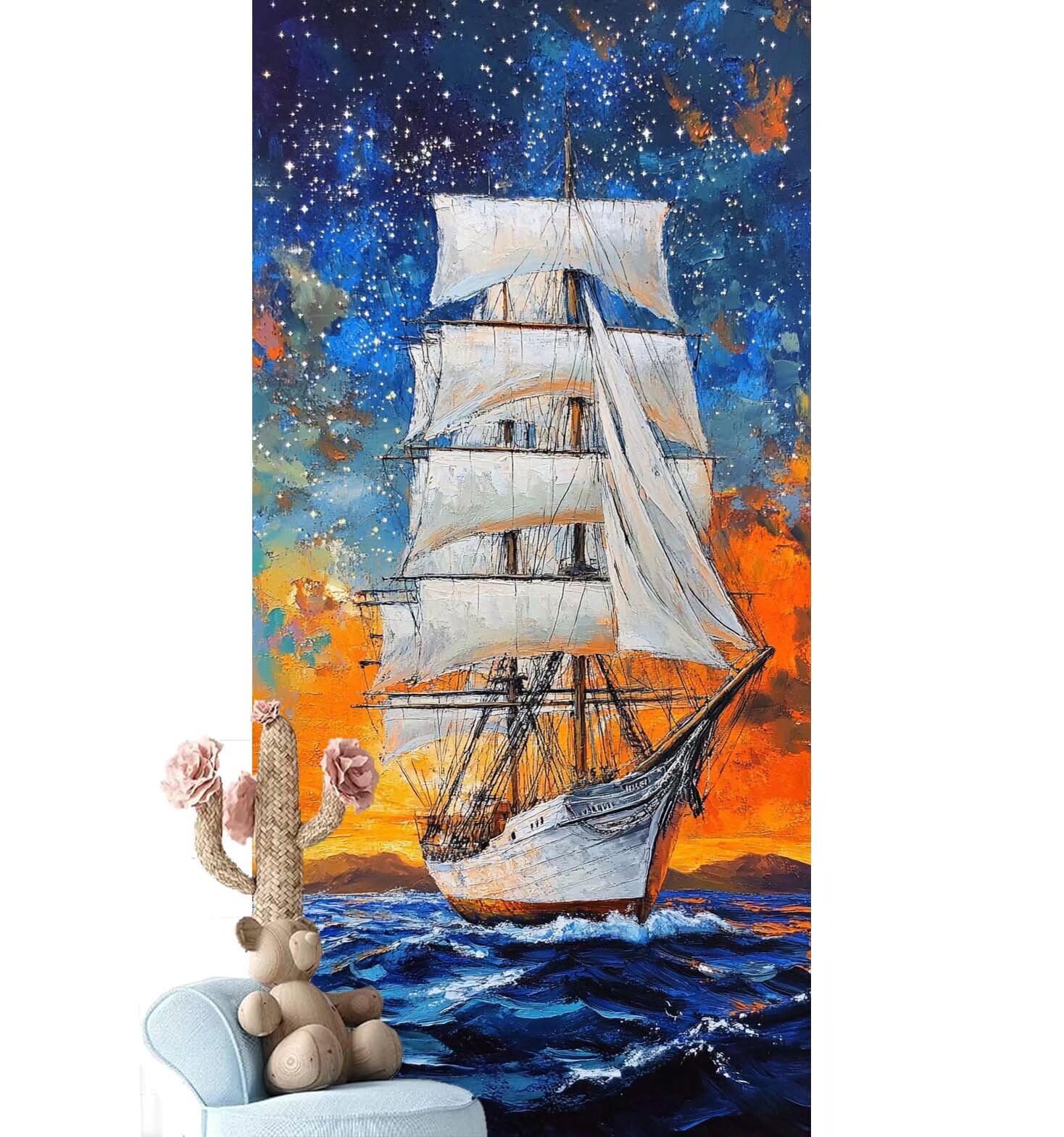 Dipingere con i Numeri per Adulti Bambini, Paint by Numbers con Pennelli Pittura a Pigmento Acrilico, Fai Da Te con Kit, Decora la casa Regalo (Senza Cornice)- Barca,Notte stellata 90x260cm V-914