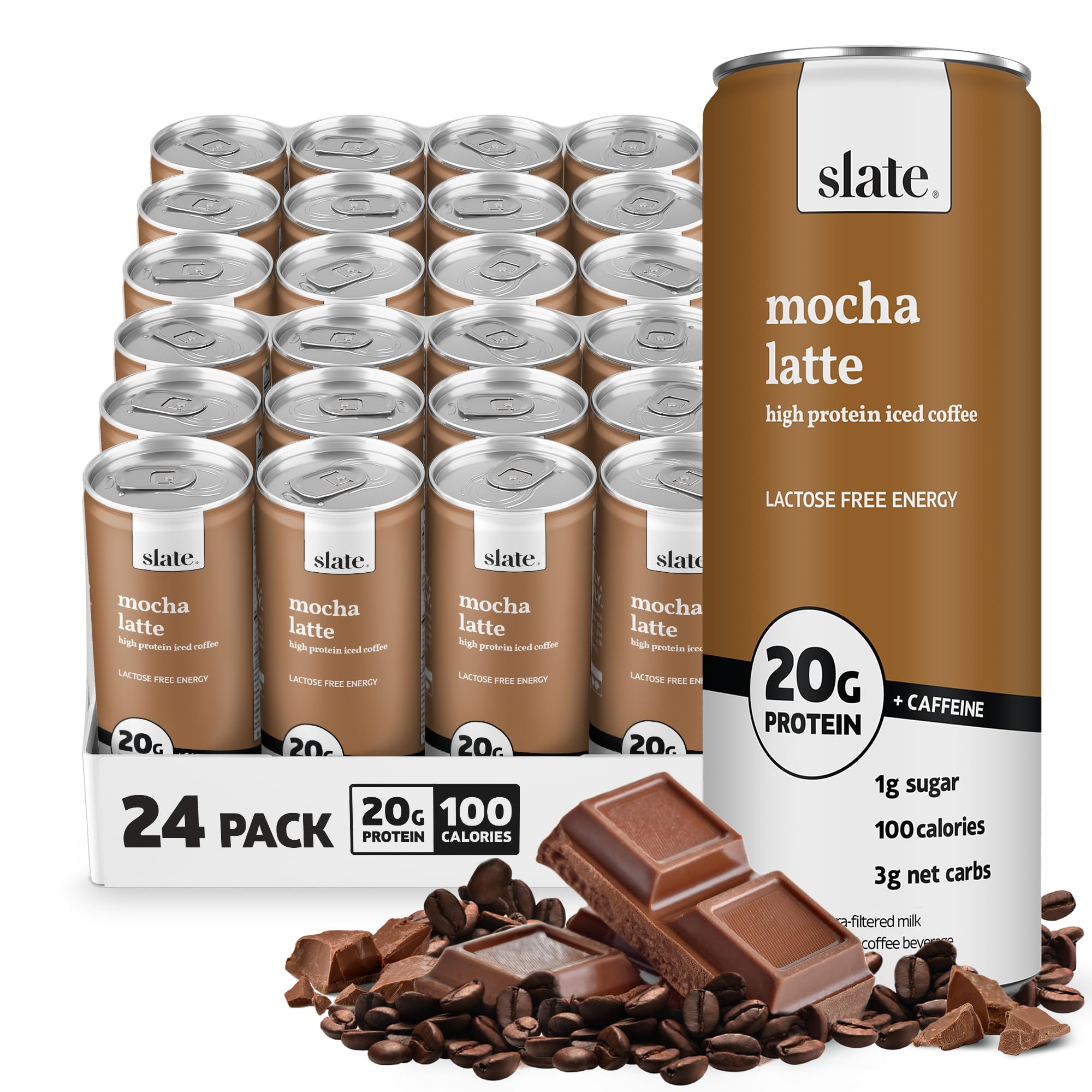 Slate Milk - High Protein Iced Coffee - Mocha Latte - 175mg Caffeine, Lactose Free Energy - 20g Protein, 1g Sugar, 110 Calories, 3g Net Carbs, No Sugar Added - Protein Coffee - 11 fl oz, 24 Cans