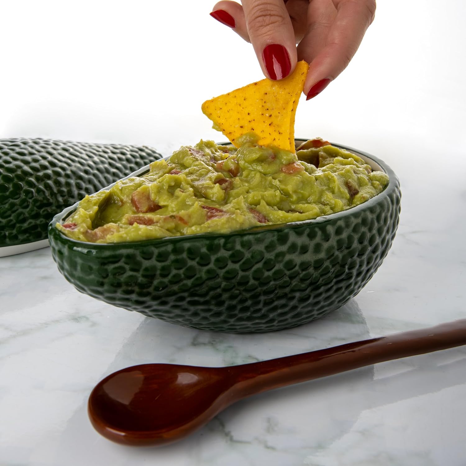 Fisura - Avocado-Shaped Porcelain Guacamole Bowl with Spoon, Green, 7 x 4 Inches, 480ml