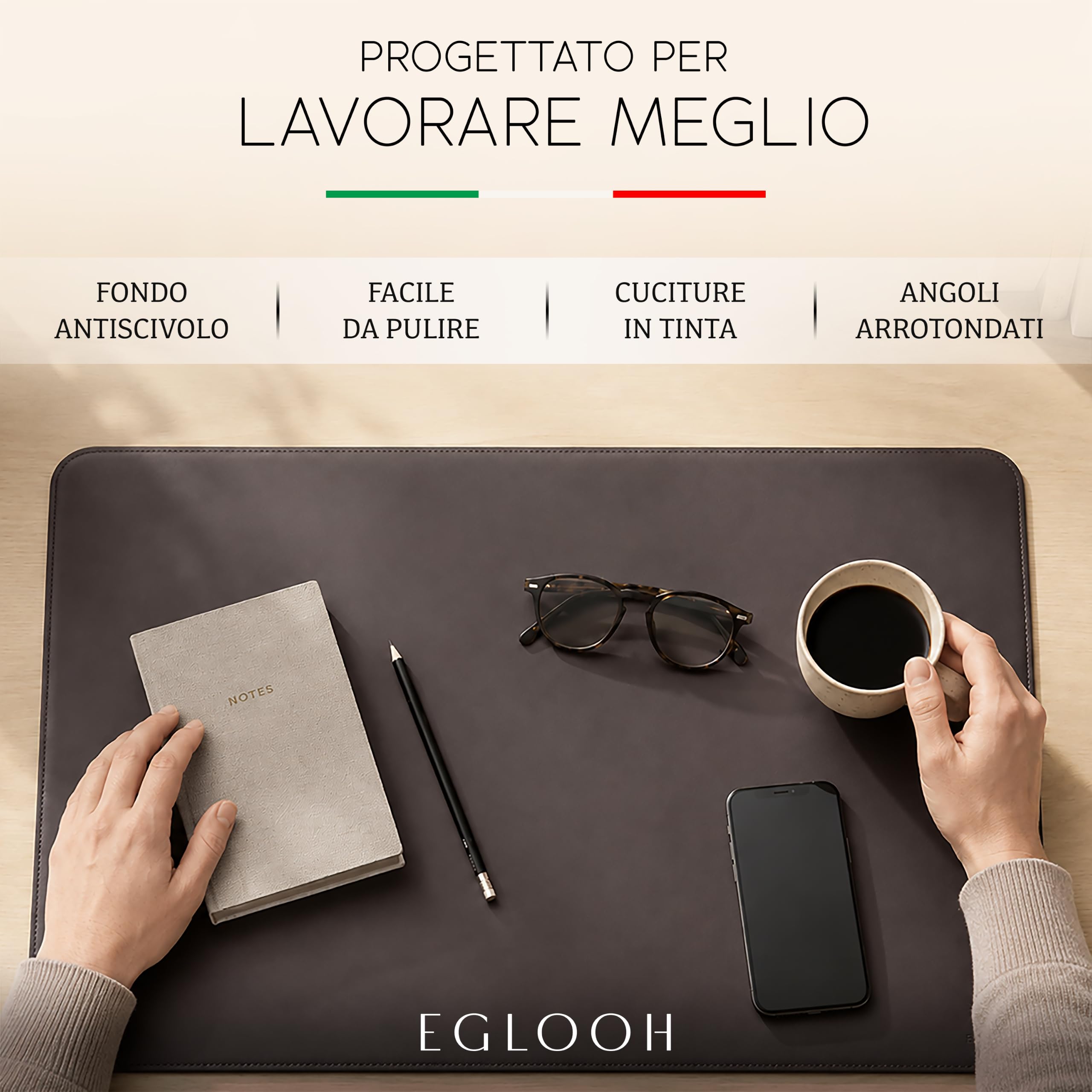 Eglooh – Herms – Sottomano Scrivania Pelle Design Arrotondato – Desk Pad Ufficio Elegante Antiscivolo in Cuoio – Accessori Ufficio Lusso Made in Italy