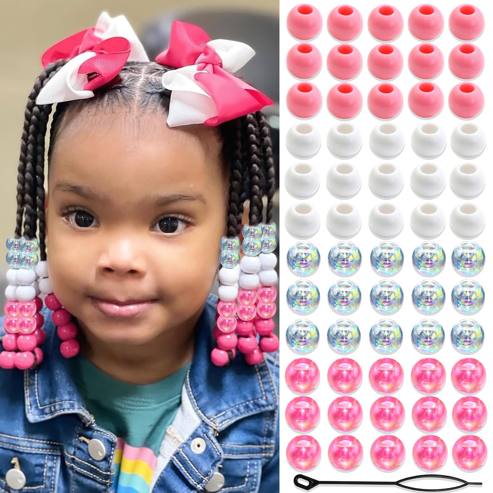 NAISKA 60Pcs Pink Acrylic Hair Beads for Kids Girls White Beads for Hair Cute Dreadlock Beads Colorful Clear Hair Beads for Braids Small Pony Beaded