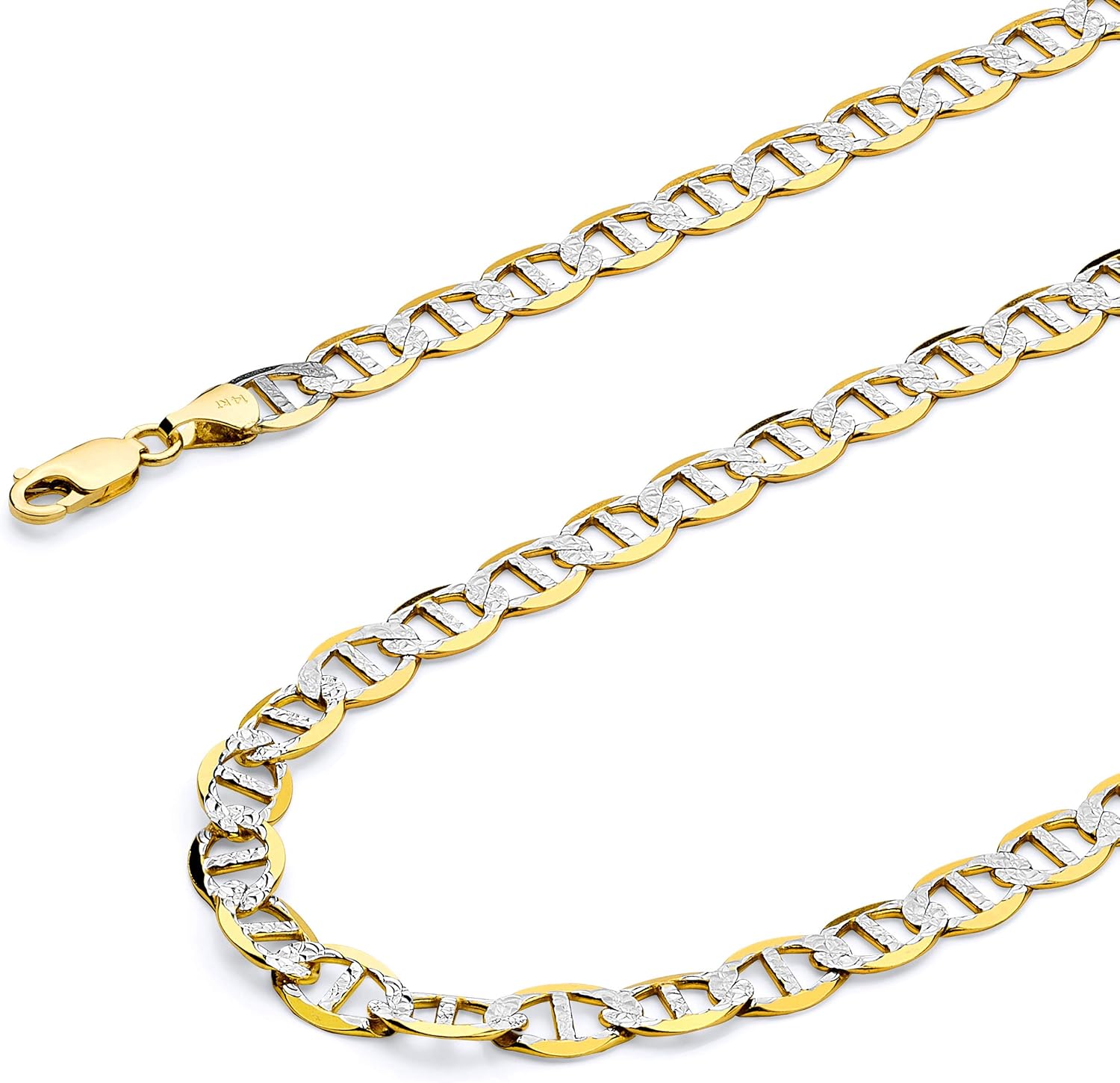 The World Jewelry Center 14k REAL Yellow/Two Tone Gold Solid 7.5mm, 6.5mm, 5.5mm, 4.5mm, 3.5mm, 2.5mm, 2mm, 1.5mm Flat Mariner White Pave Chain Necklace with Lobster Claw Clasp - Image 2
