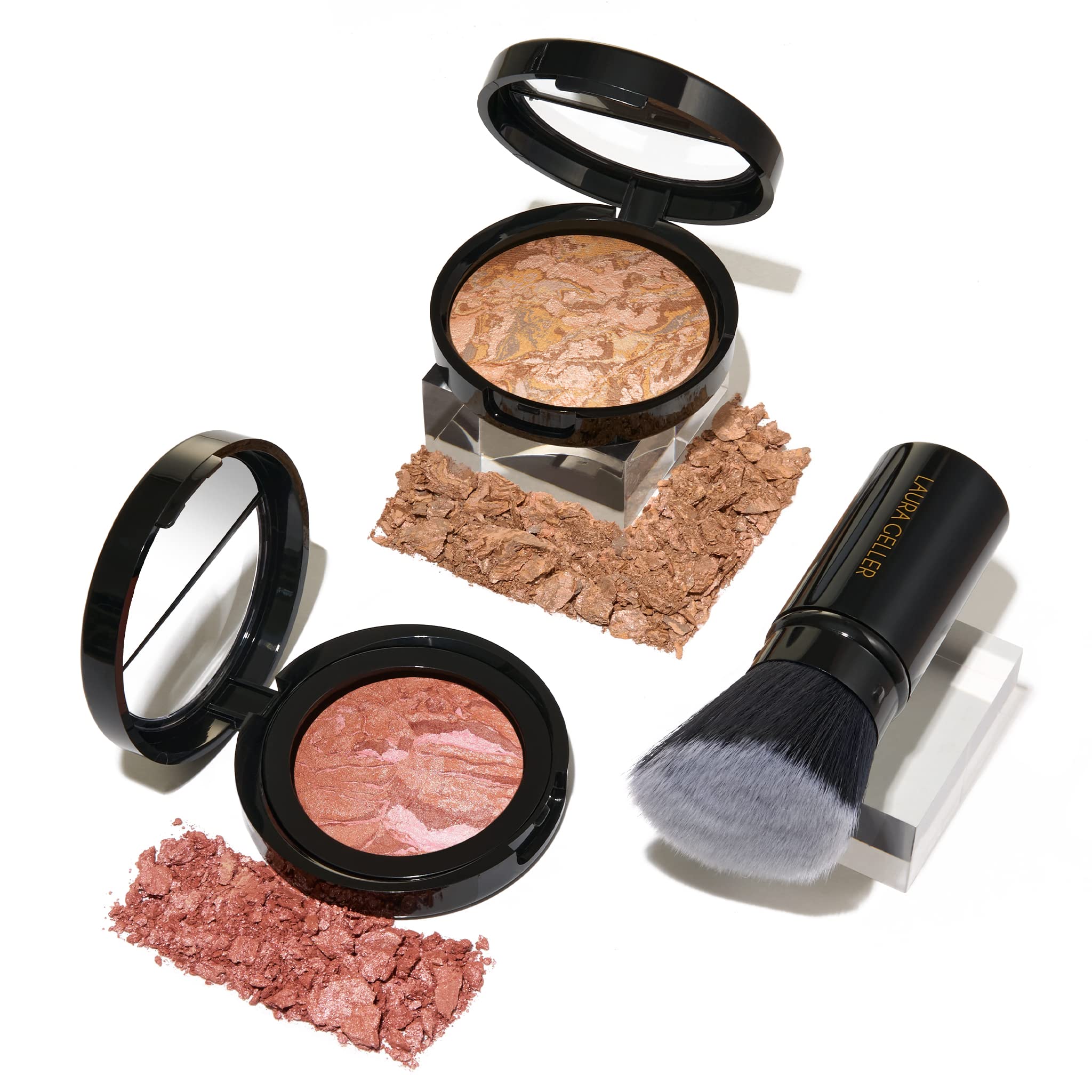 Blush-n-Glow Kit (3 PC): Baked Balance-N-Glow Illuminating CC Powder Foundation Medium, Retractable Kabuki Brush, Baked Blush-N-Brighten Pink Grapefruit