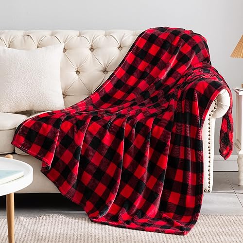BEDELITE Flannel Blanket for Couch, Red & Black Plaid Fleece