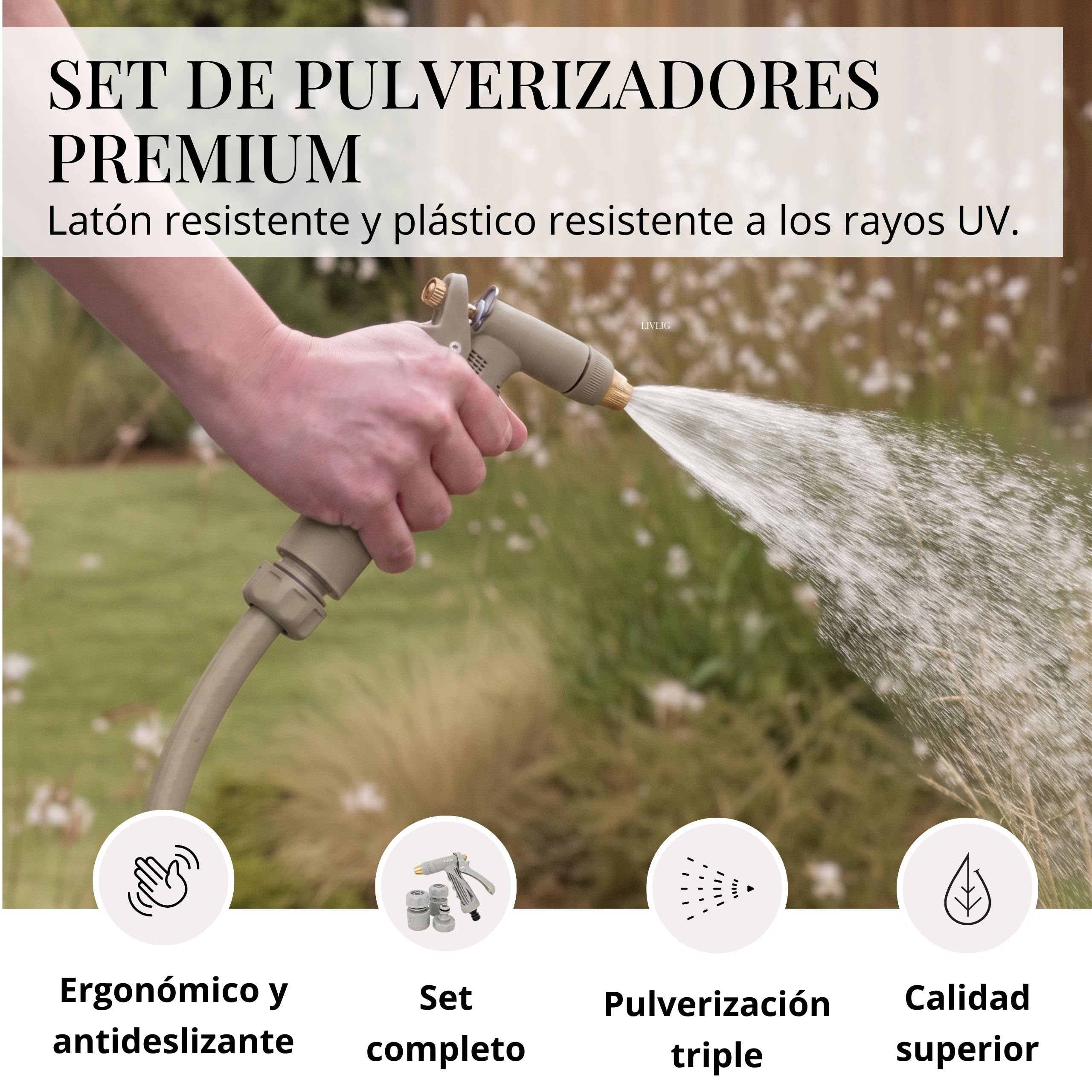 LIVLIG Pistola de riego Premium en set completo – boquilla robusta para limpiar y regar, con conectores 1/2", cuerpo de plástico y latón, control con una mano y bloqueo fijo – Beige (Beige)
