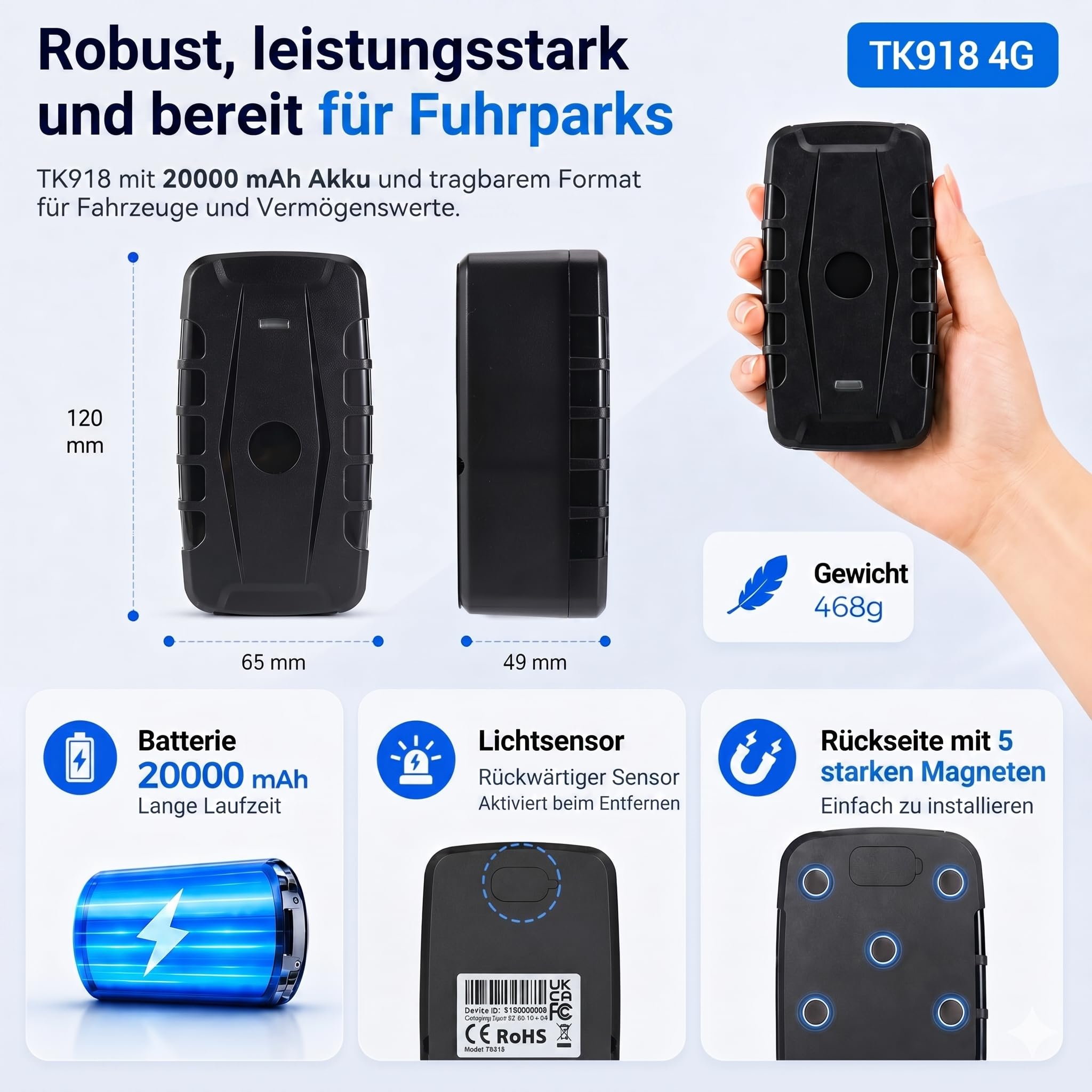Winnes Localizzatore GPS per auto senza ABO, localizzatore GPS 4G con magnete, localizzazione in tempo reale tramite app, 20.000 mAh, con 240 giorni di standby, trasmettitore GPS per auto, moto