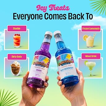 Hawaiian Shaved Ice Syrup Assortment, 6 Popular 16oz Flavors: Cherry, Grape, Blue Raspberry, Tiger's Blood, Lemon-Lime, Pina Colada