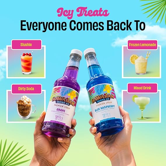 Hawaiian Shaved Ice Syrup Assortment, 6 Popular 16oz Flavors: Cherry, Grape, Blue Raspberry, Tiger's Blood, Lemon-Lime, Pina Colada