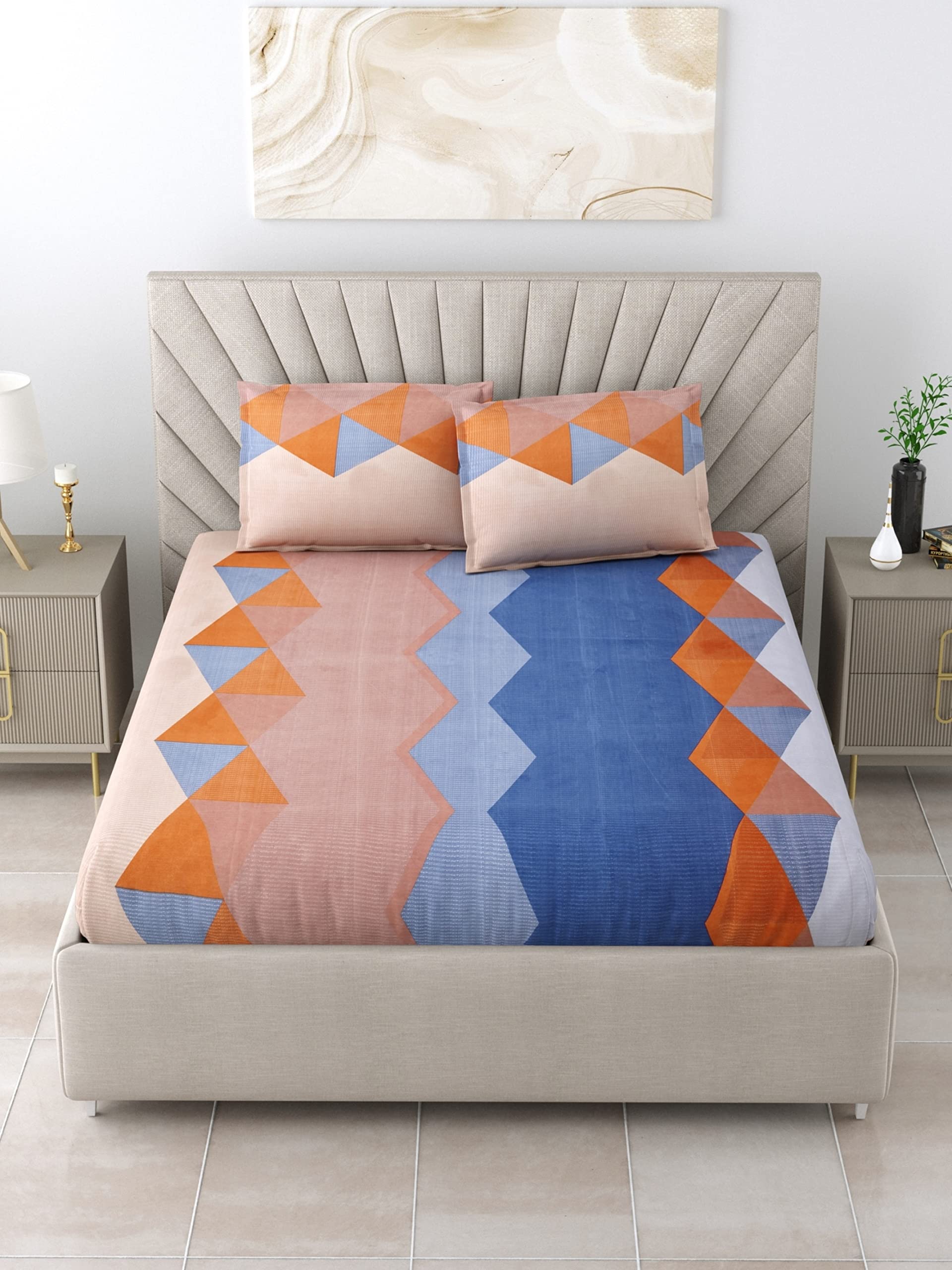 Salona Bichona Printed 144 TC Blue King Size Bedsheet with 2 Pillow Covers Set