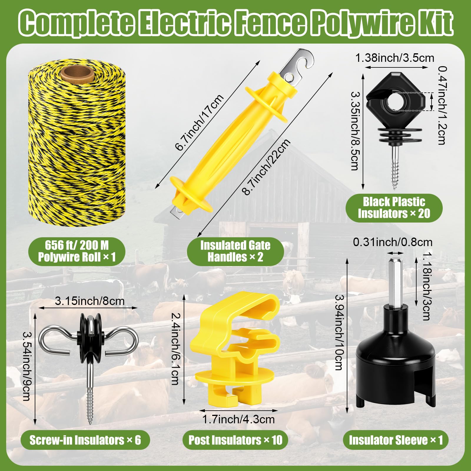 SATINIOR Kit de valla eléctrica de 40 piezas, 200 m, valla eléctrica de alambre de polialambre, 10 aisladores de postes en T, 2 aisladores de mango de puerta de goma, 6 tornillos aislantes, 20