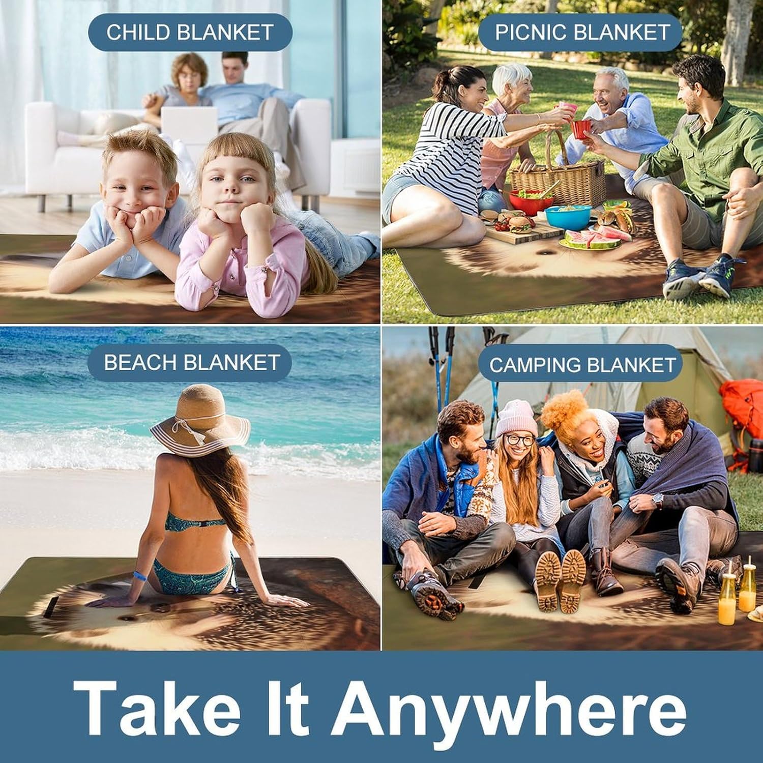 Outdoor Picnic Blanket,Hedgehog Print Picnic Blankets,Large Beach Blanket Sand Free Foldable Portable Camping Blanket, 58.3x58.3