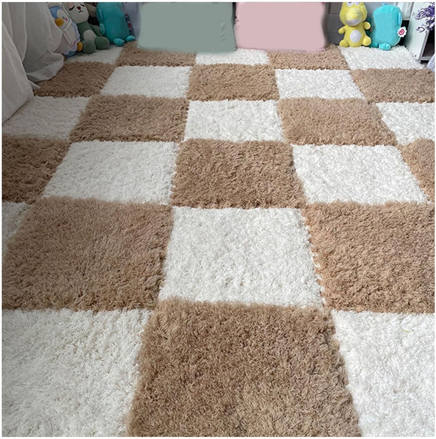 LoiYtrd Plush Foam Mats Interlocking Carpet Puzzle Mats For Floor 48pcs 12x12x0.4inch Square Puzzle Rugs Fluffy Foam Tiles(Apricot+White)