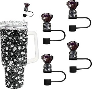 4 Pcs Black Diamond Straw Topper Set, Rhinestone Caps for Stanley | 4 Pcs sparkling diamond straw toppers with rhinestone design, food-grade silicone straw caps fits Stanley 30oz 40oz tumblers